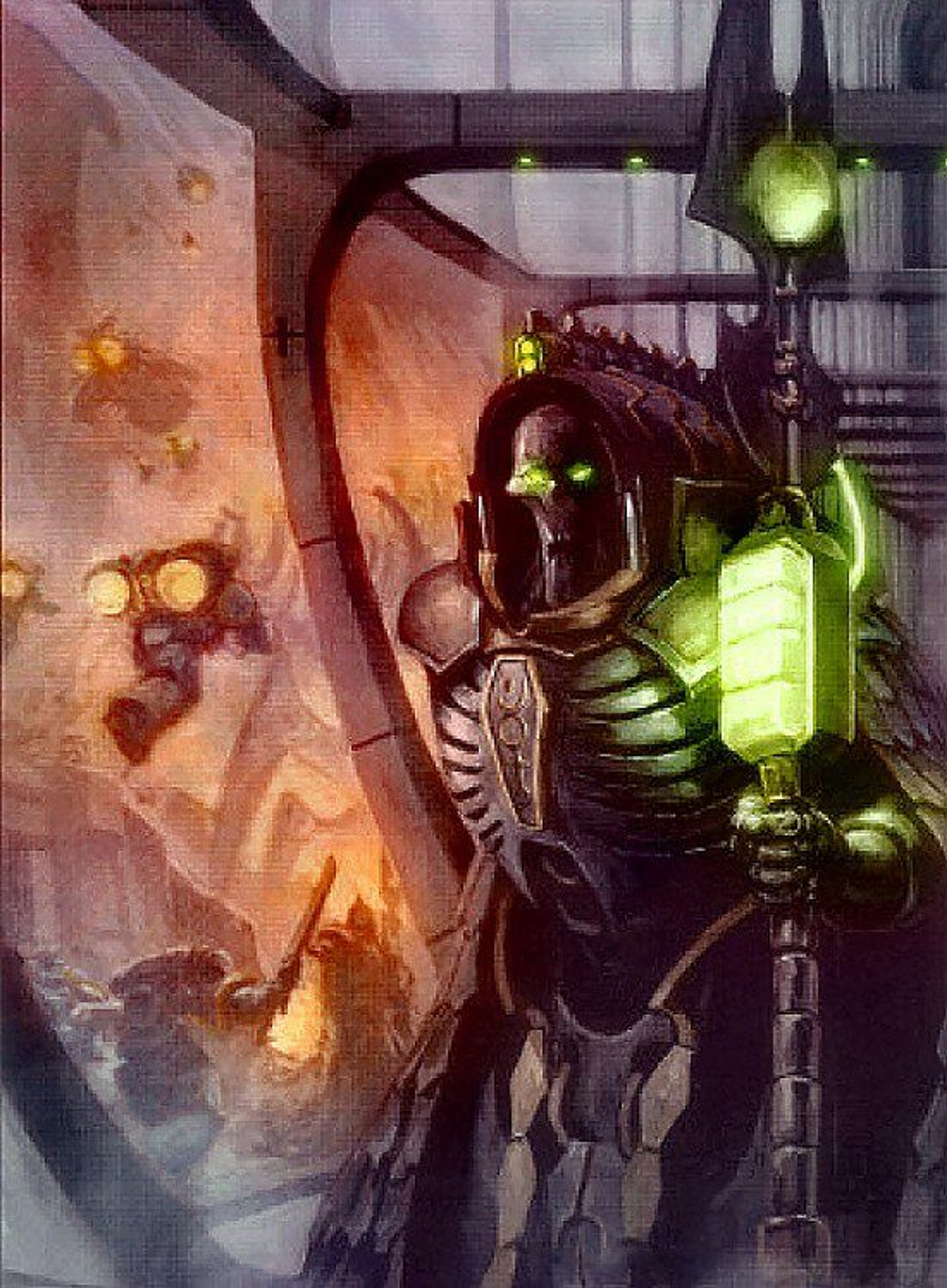 A Necron Overlord, a powerful undead alien character from the Warhammer 40,000 universe, standing in a technologically advanced environment.