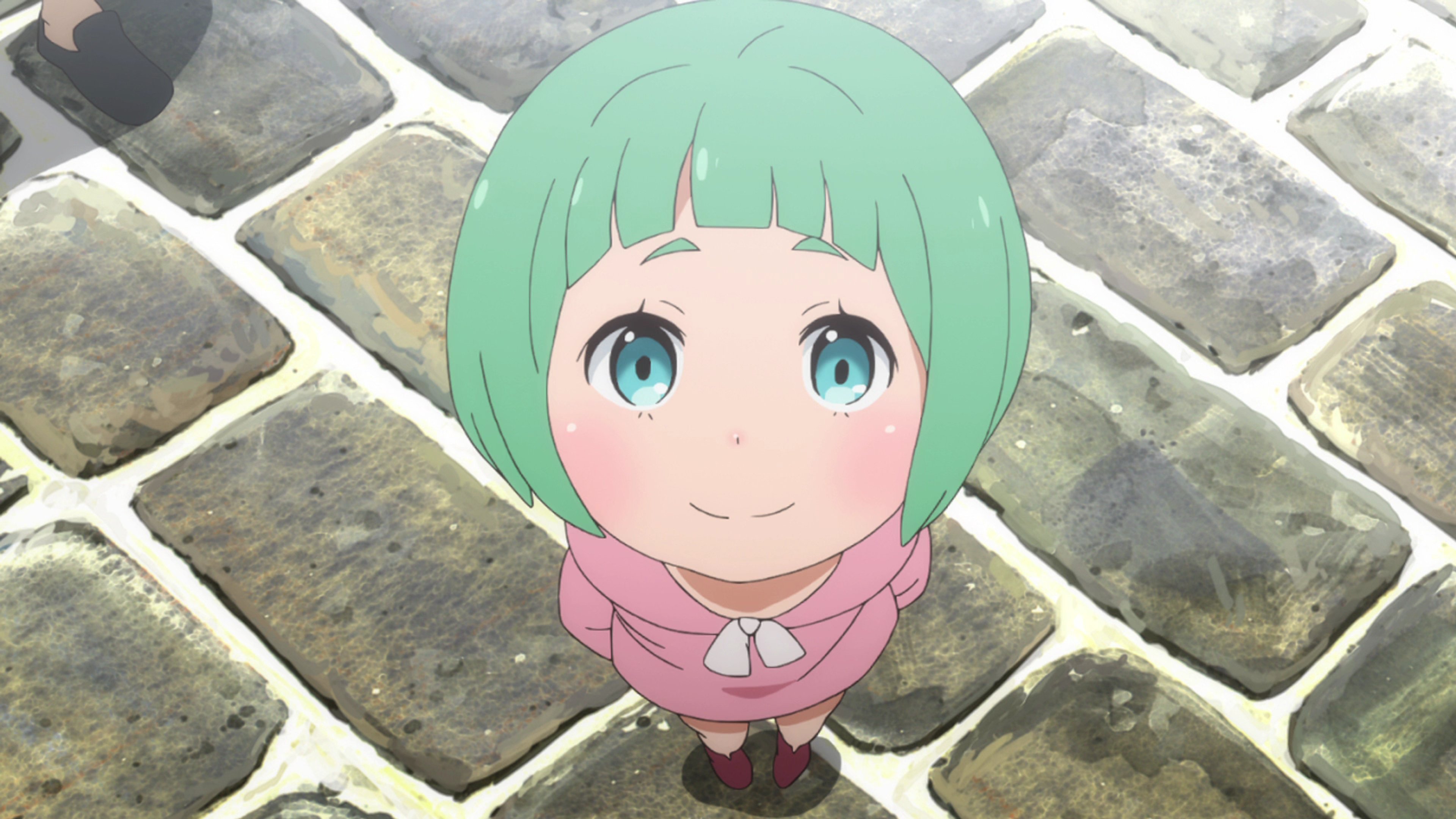 An anime-style character with green twin-tailed hair wearing a pink outfit with a bow, looking cheerful and friendly.