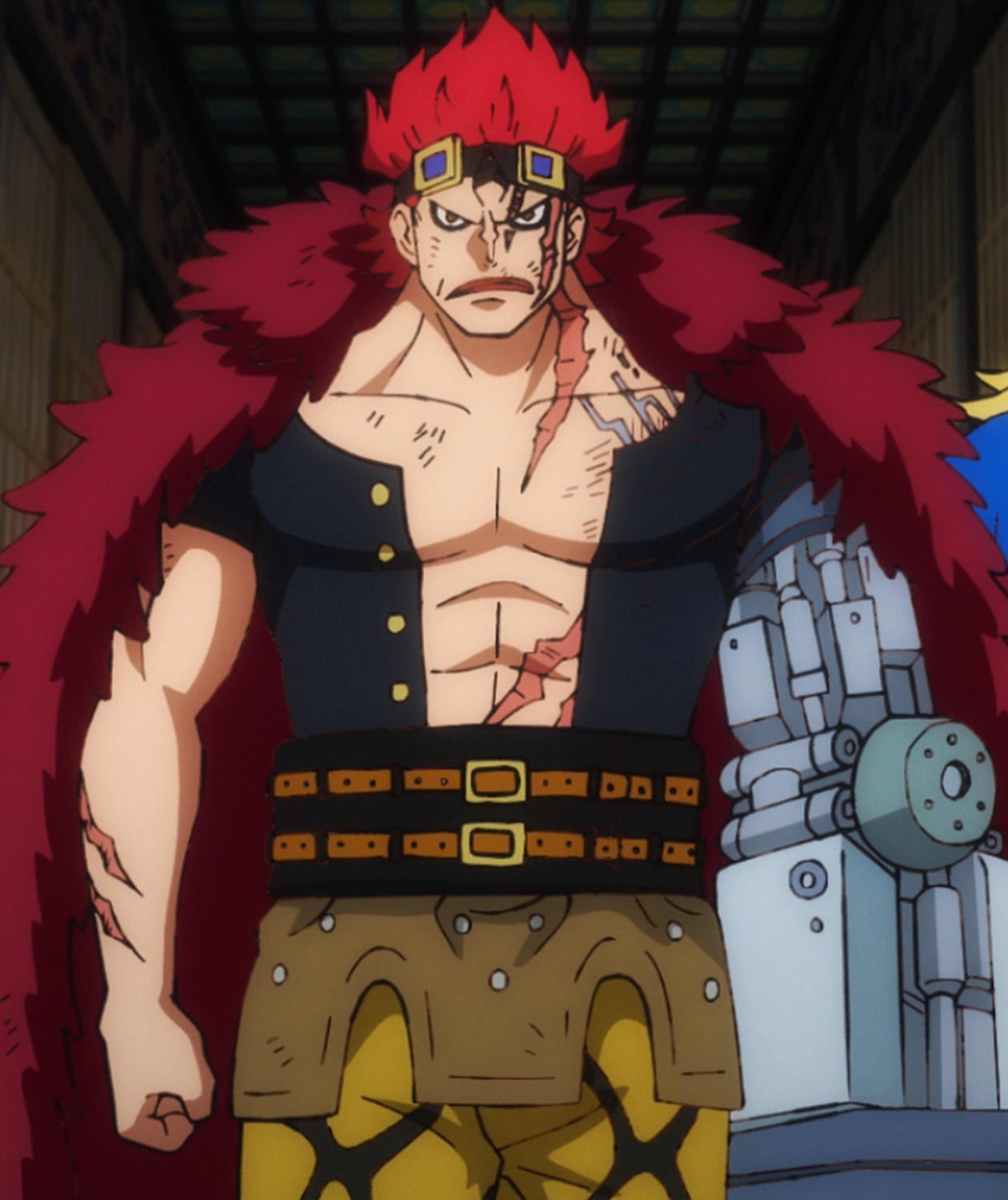 A muscular, heavily scarred man with fiery red hair and an intimidating, extravagant outfit