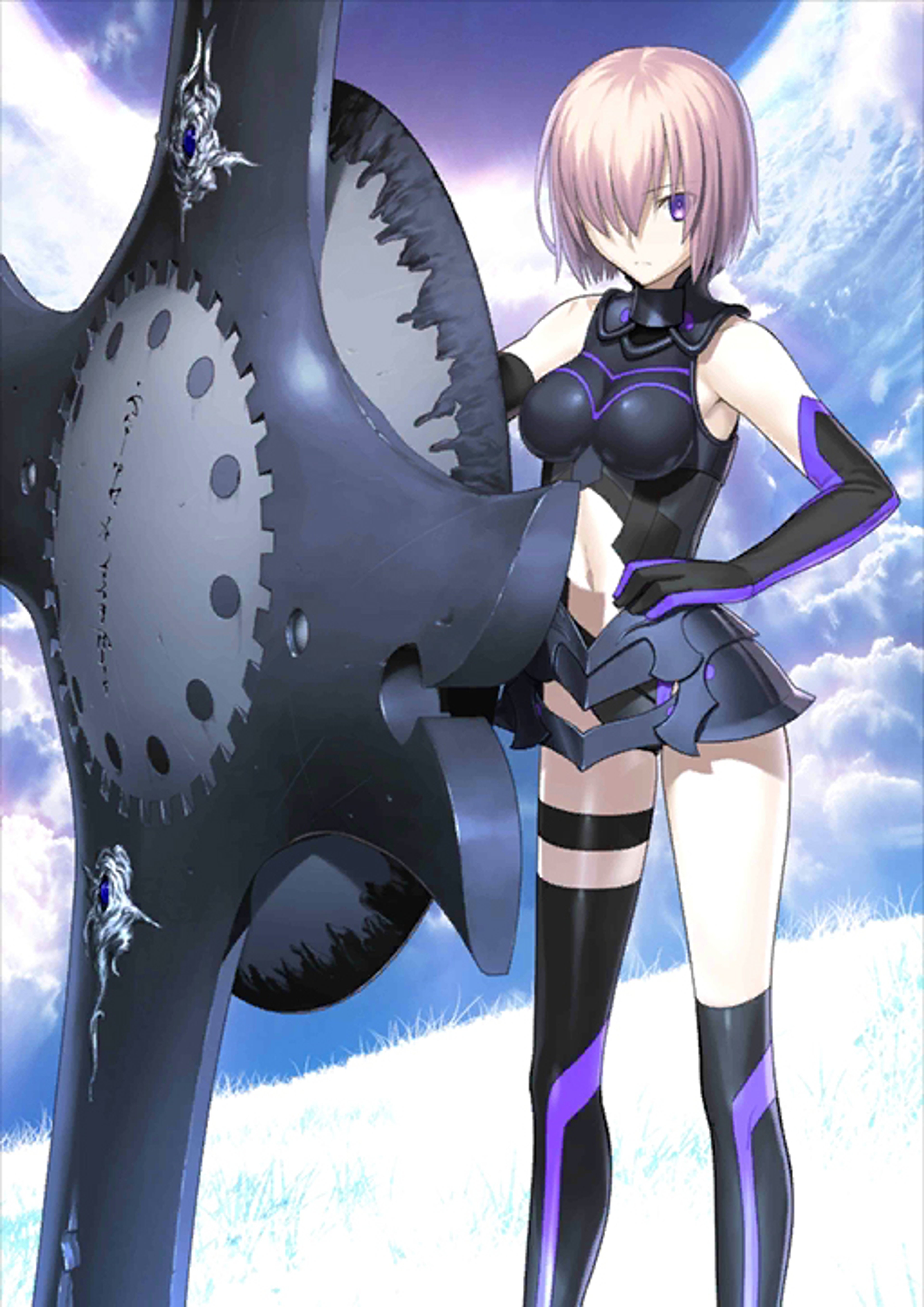 A young woman in a black and purple armored outfit standing in front of a large mechanical structure.