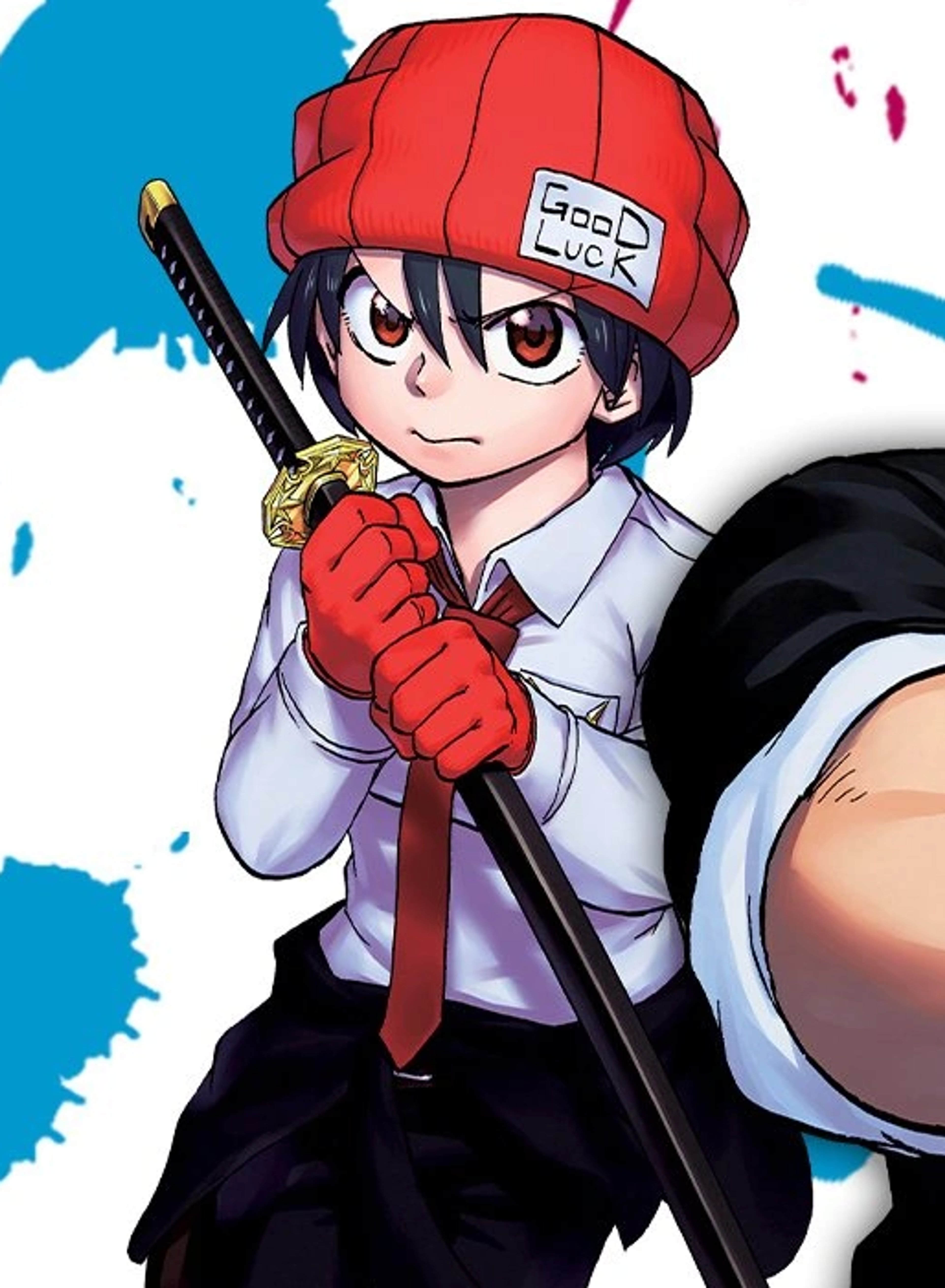 An anime-style character with black hair and brown eyes wearing a red hat, holding a sword and looking determined.