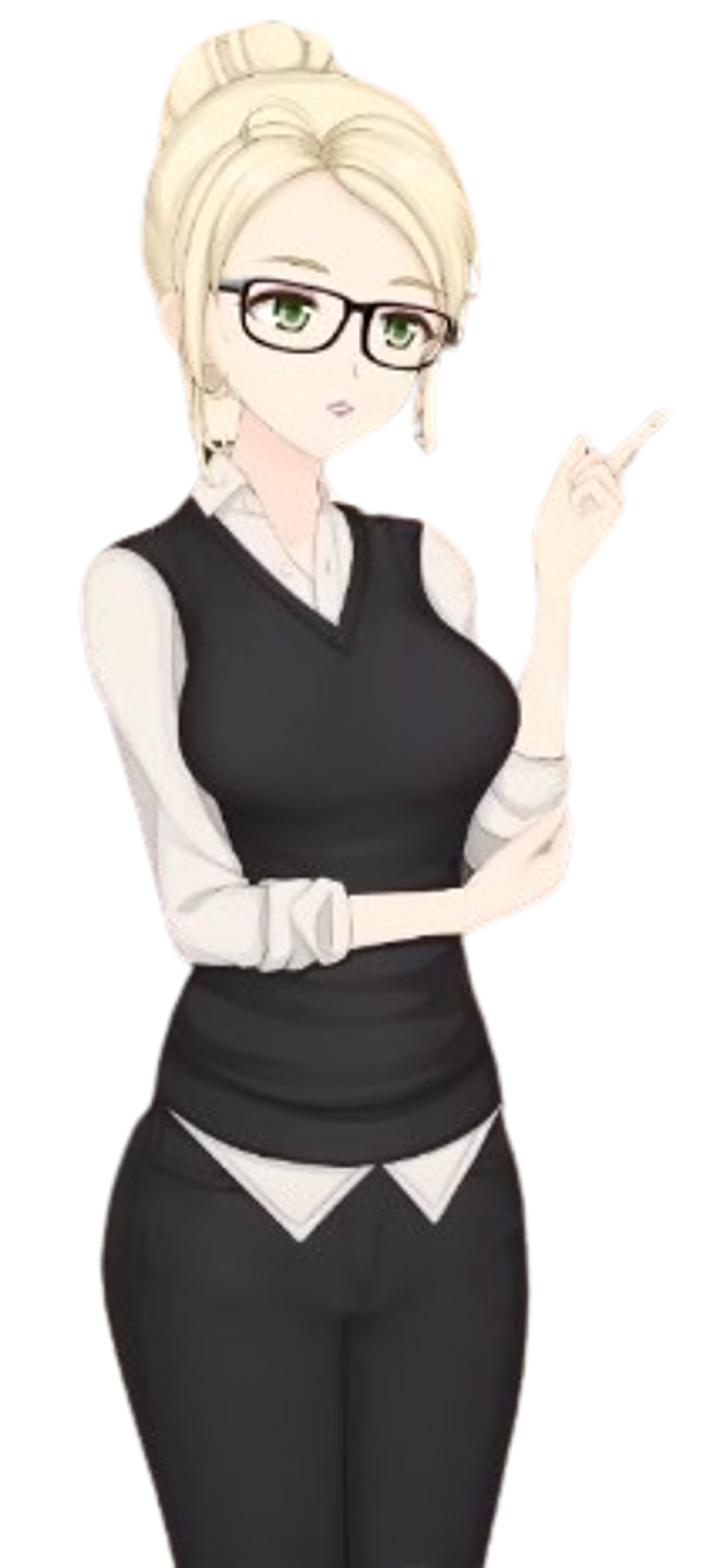 A woman with platinum blonde hair in a bun, wearing glasses and a professional outfit