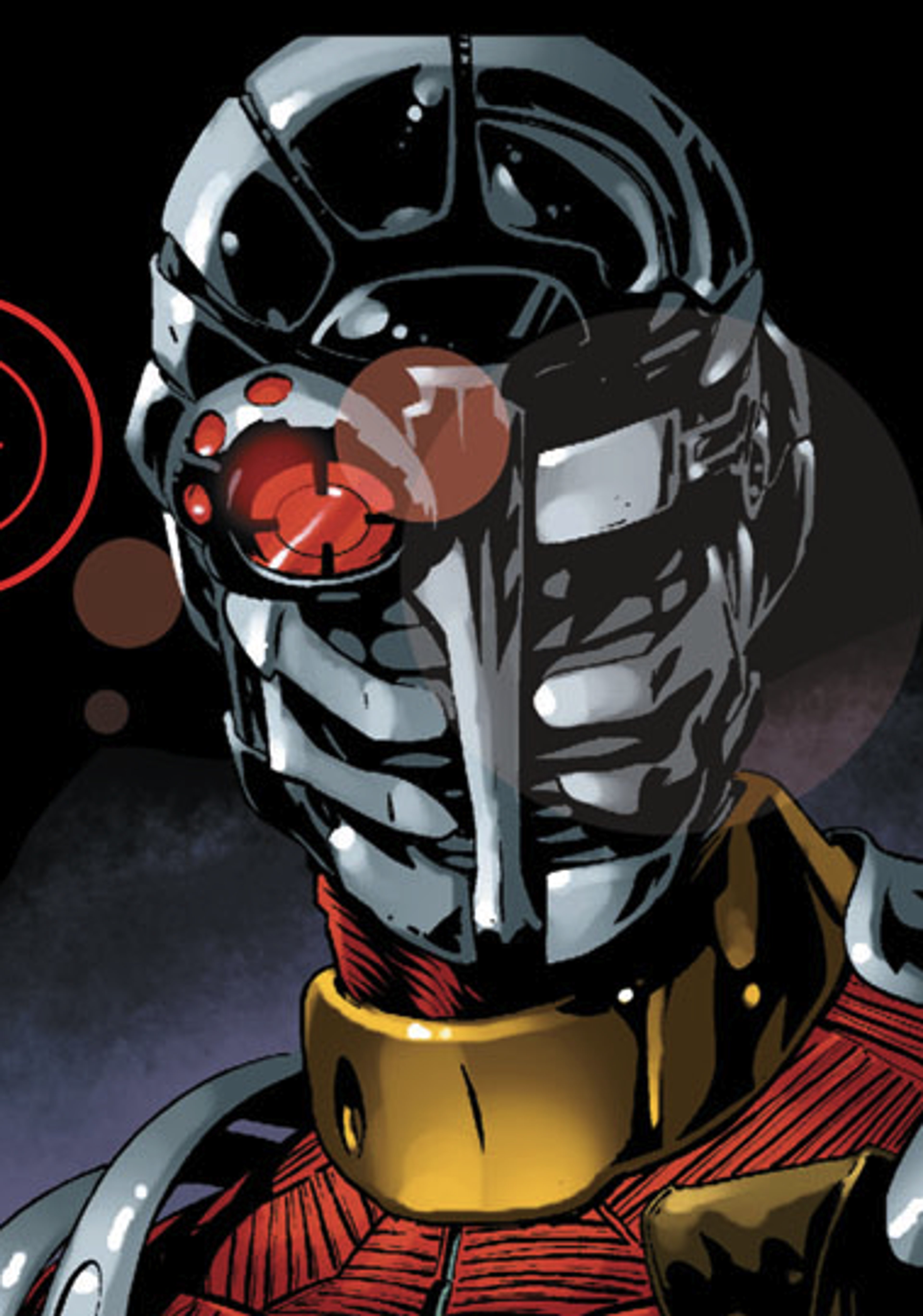A close-up of a masked, robotic-looking character with glowing red eyes