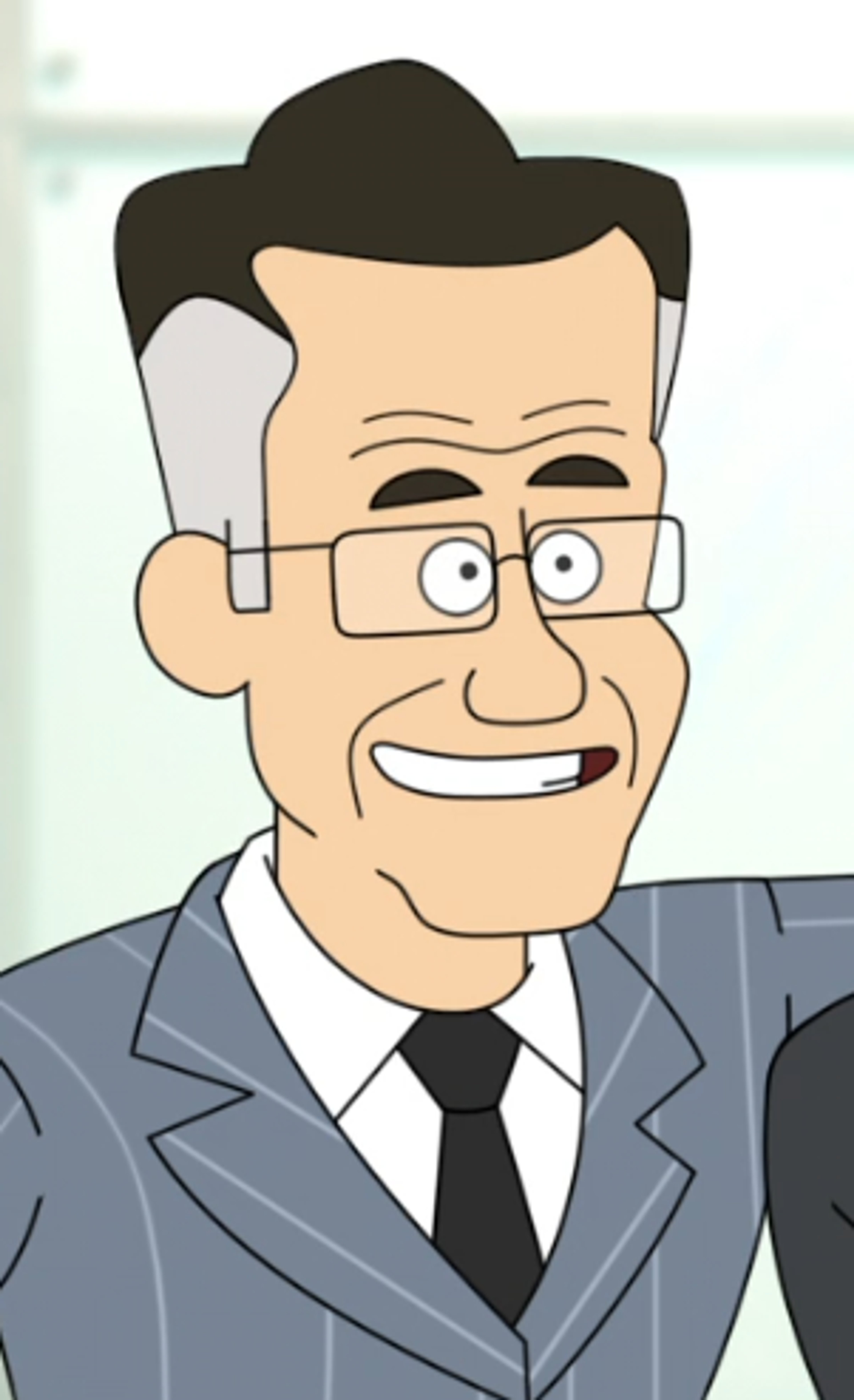 A cartoon character of a middle-aged man in a suit and tie with glasses