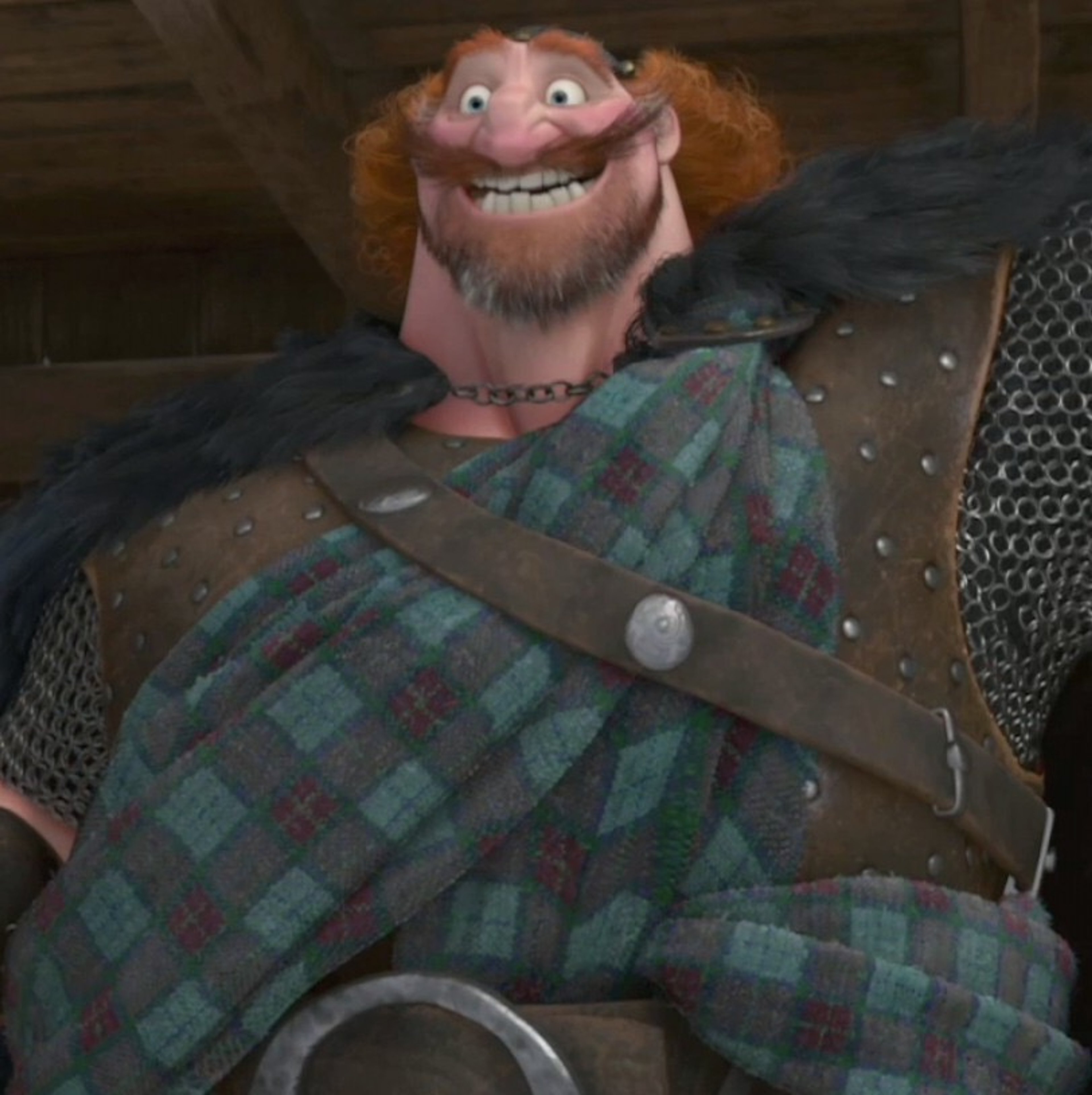 A large, bearded man with a wooden peg leg, wearing a plaid kilt and fur-lined cloak, with a friendly, boisterous expression.