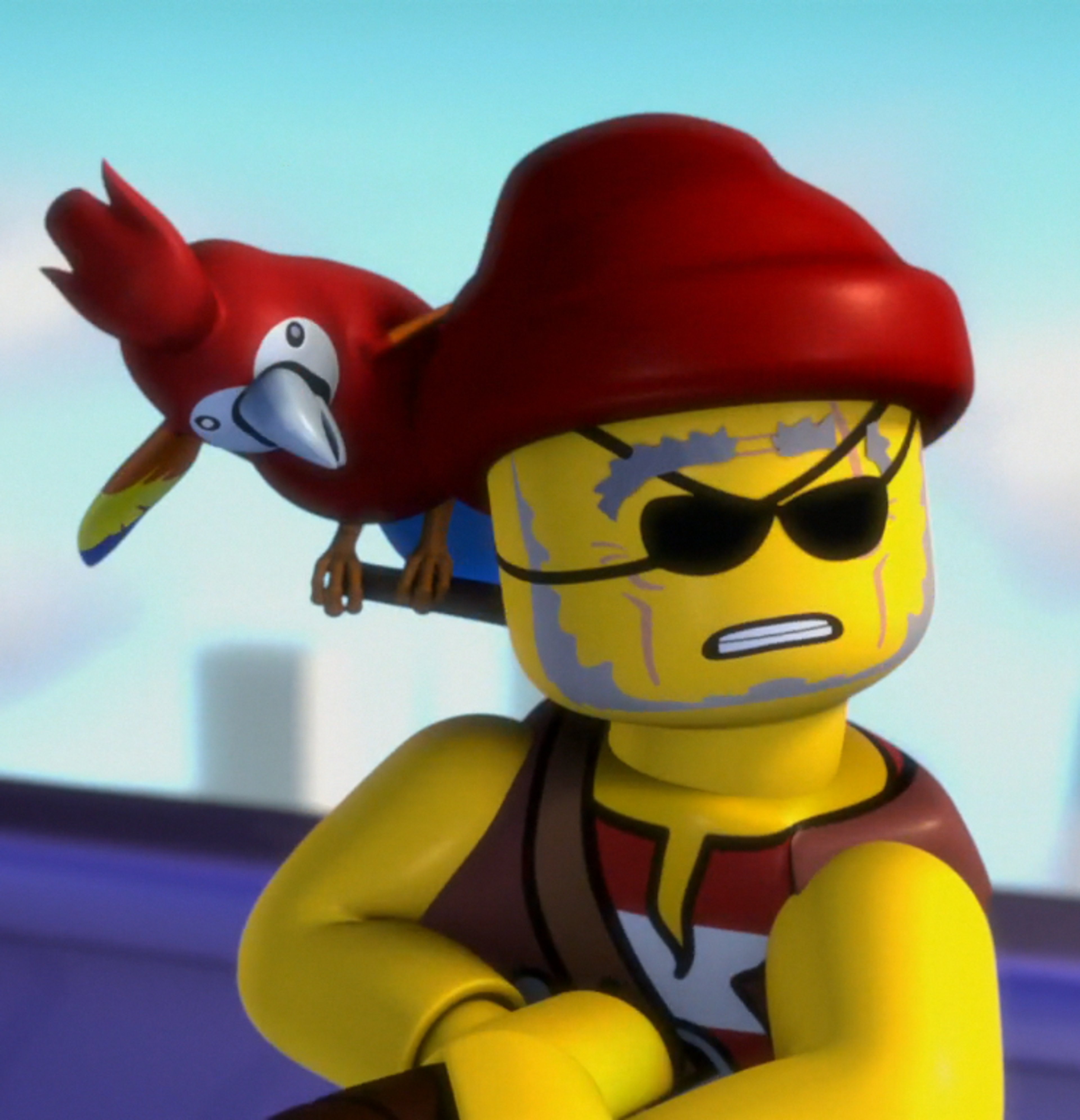 A LEGO minifigure of a pirate character with an eyepatch