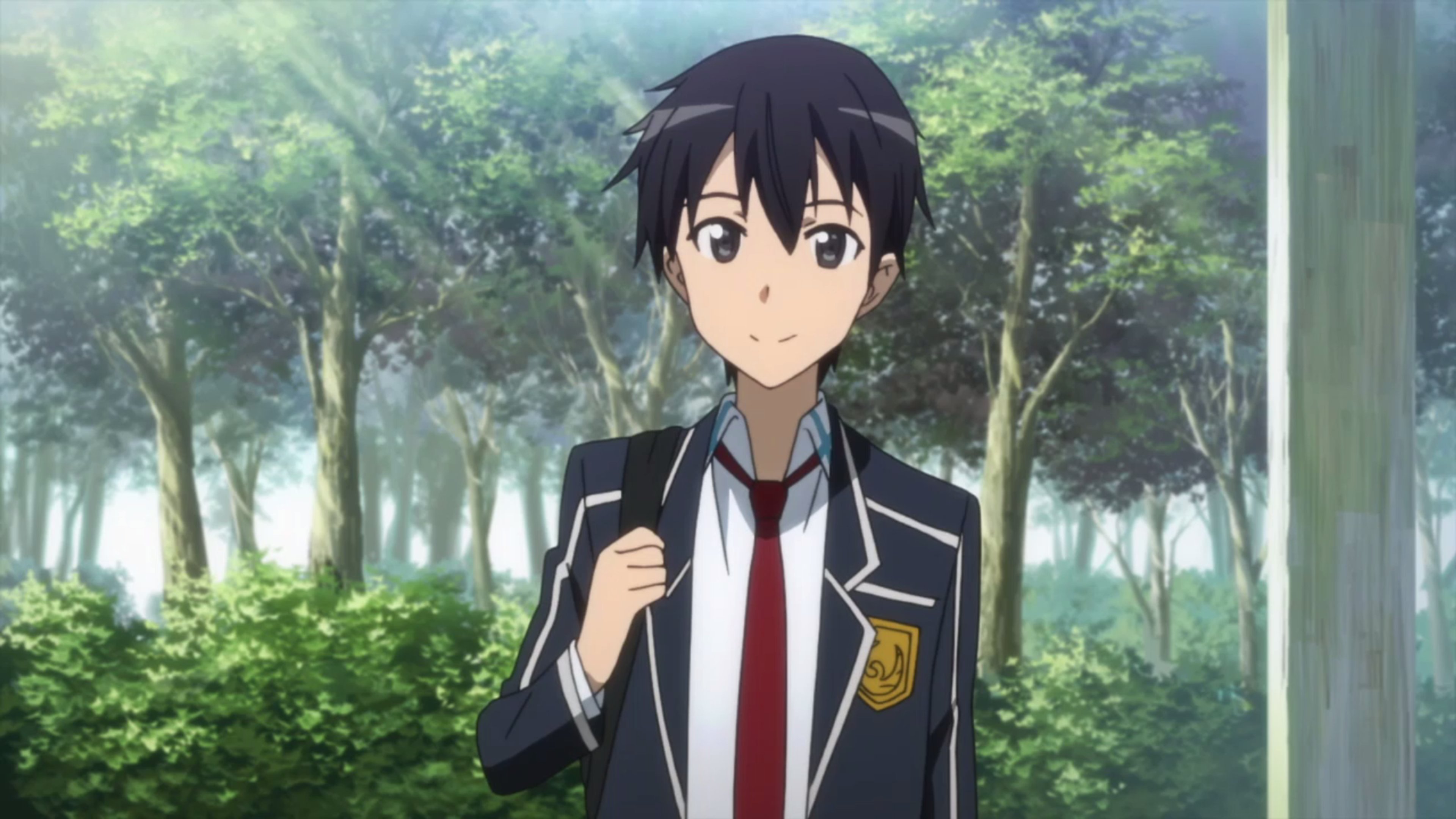 A young male anime character in dark clothing with a serious expression