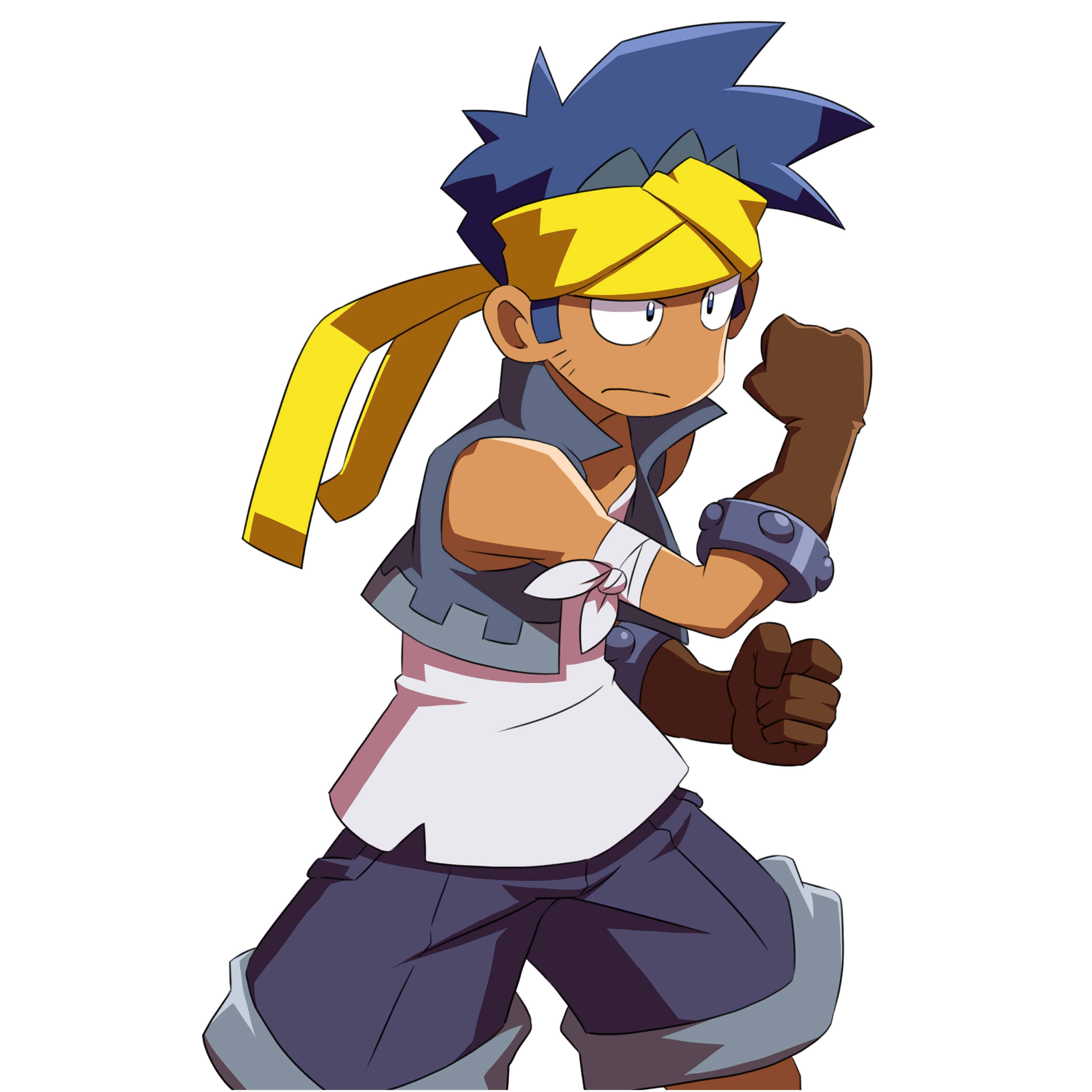 Bolo, a martial artist with navy blue hair and a yellow headband, wearing a white tank top and blue vest