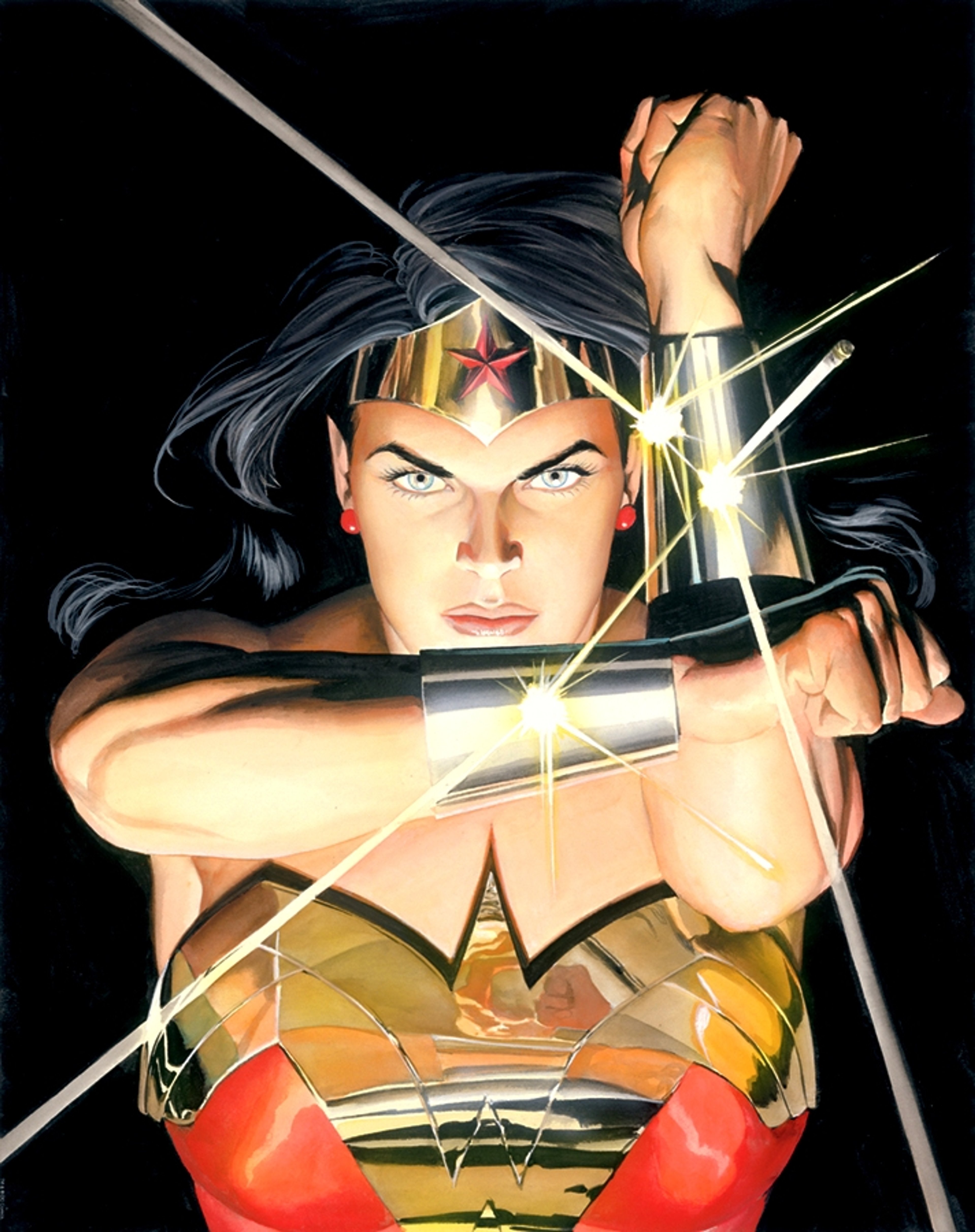 Wonder Woman, an Amazon warrior princess superhero, in a fighting stance holding a sword and shield.