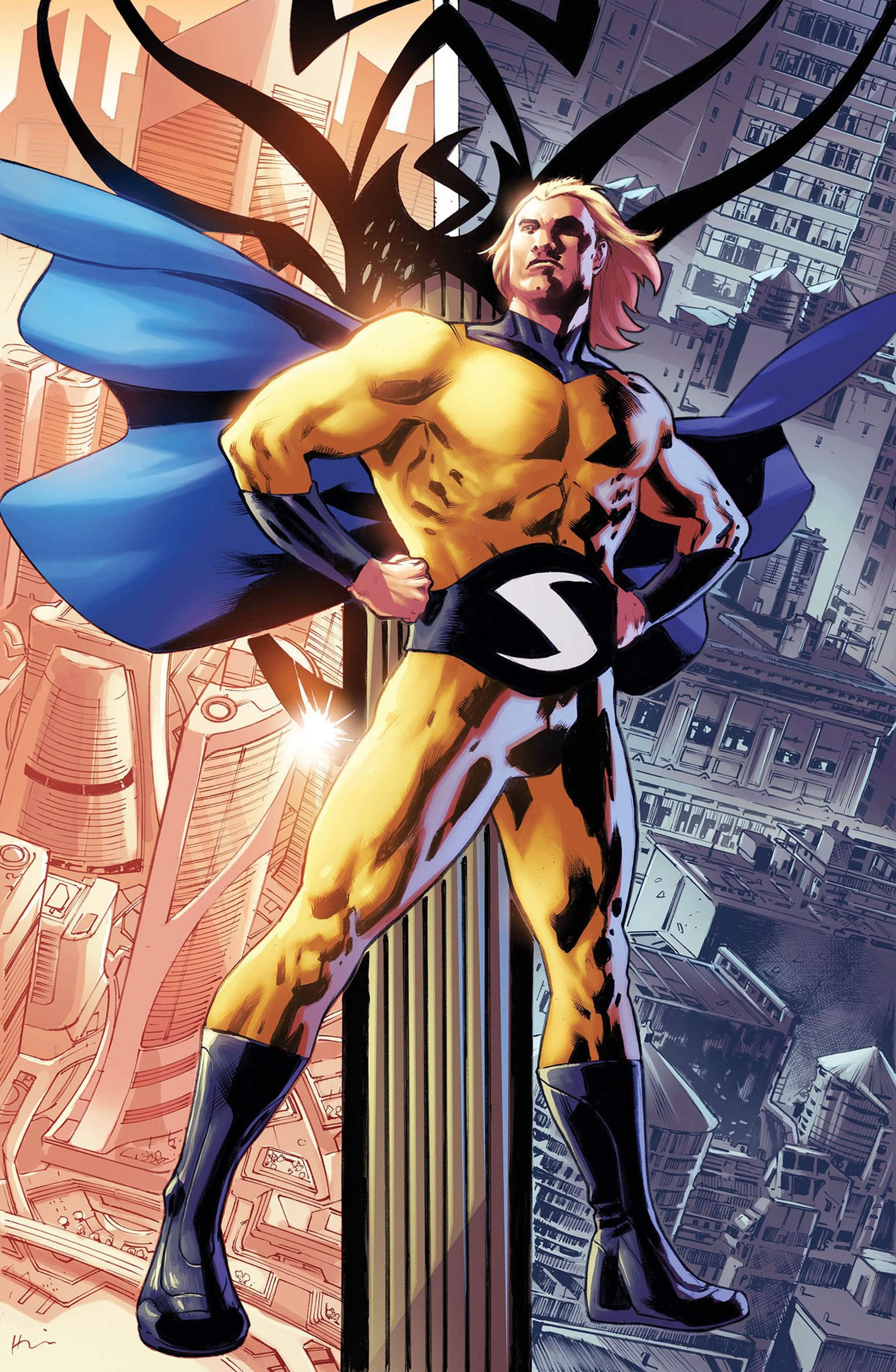 A powerful superhero character with blond hair and a blue and yellow costume, flying or hovering in the air against a cityscape backdrop.