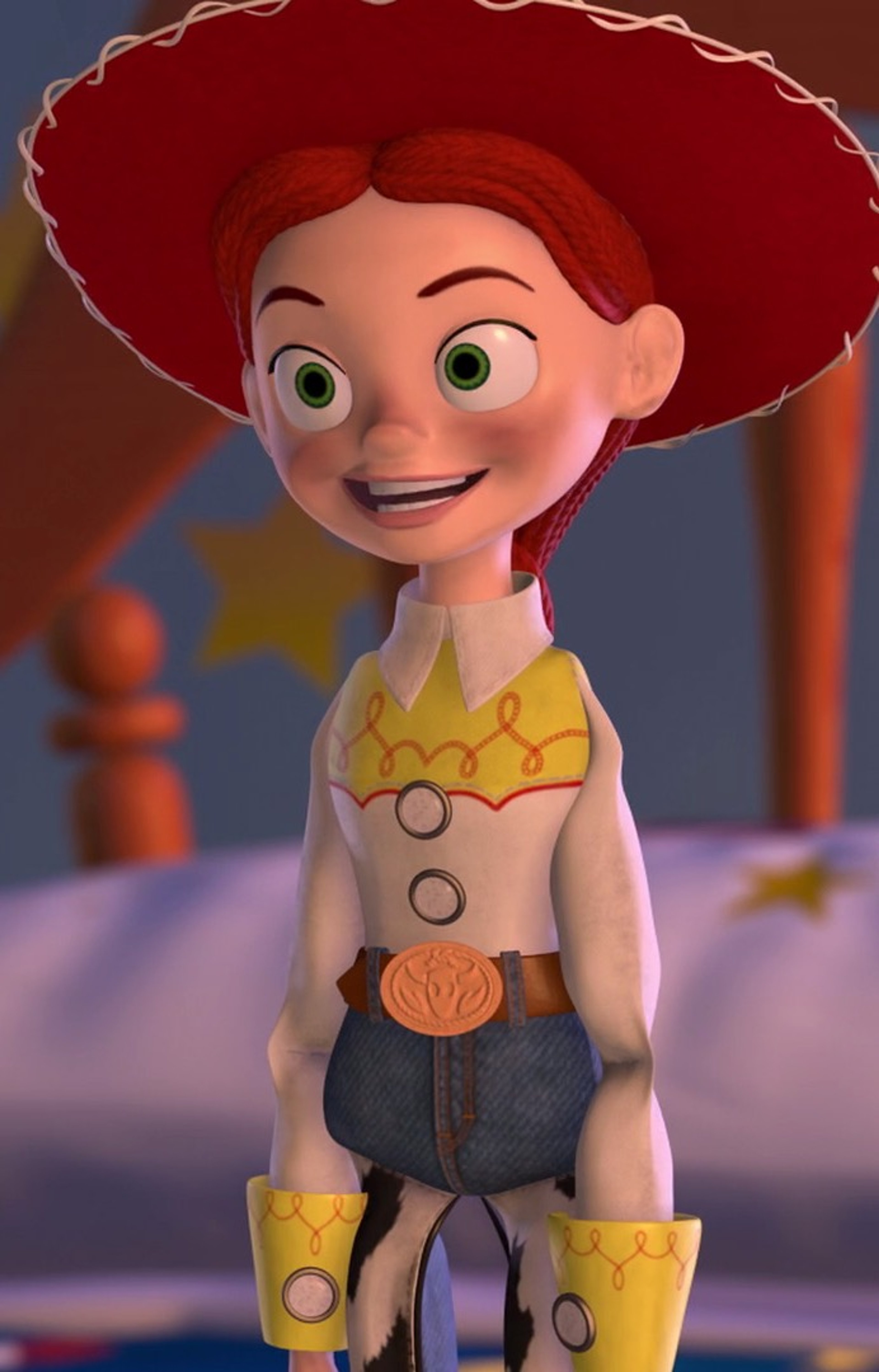 An animated cowgirl doll character with red hair, a yellow and white polka dot dress, and a brown cowgirl hat
