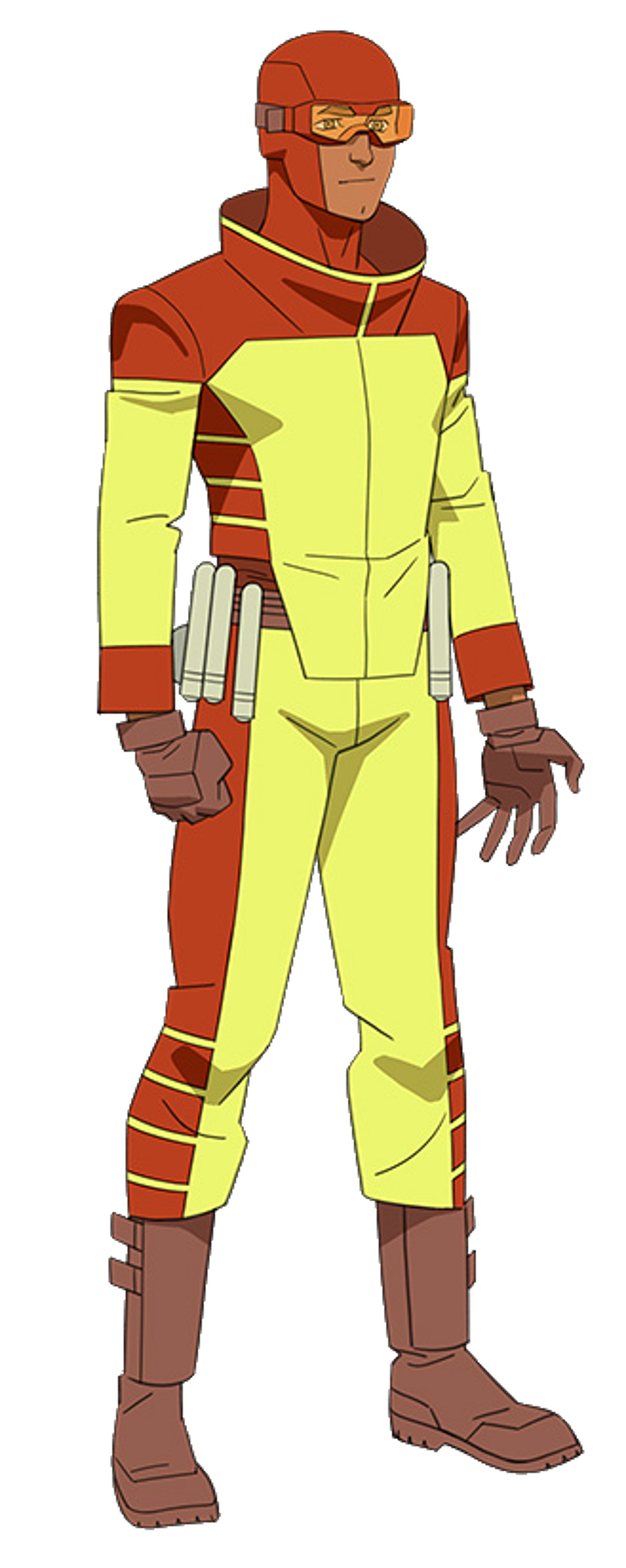 A superhero character with red and yellow costume and dark red hair in an undercut style