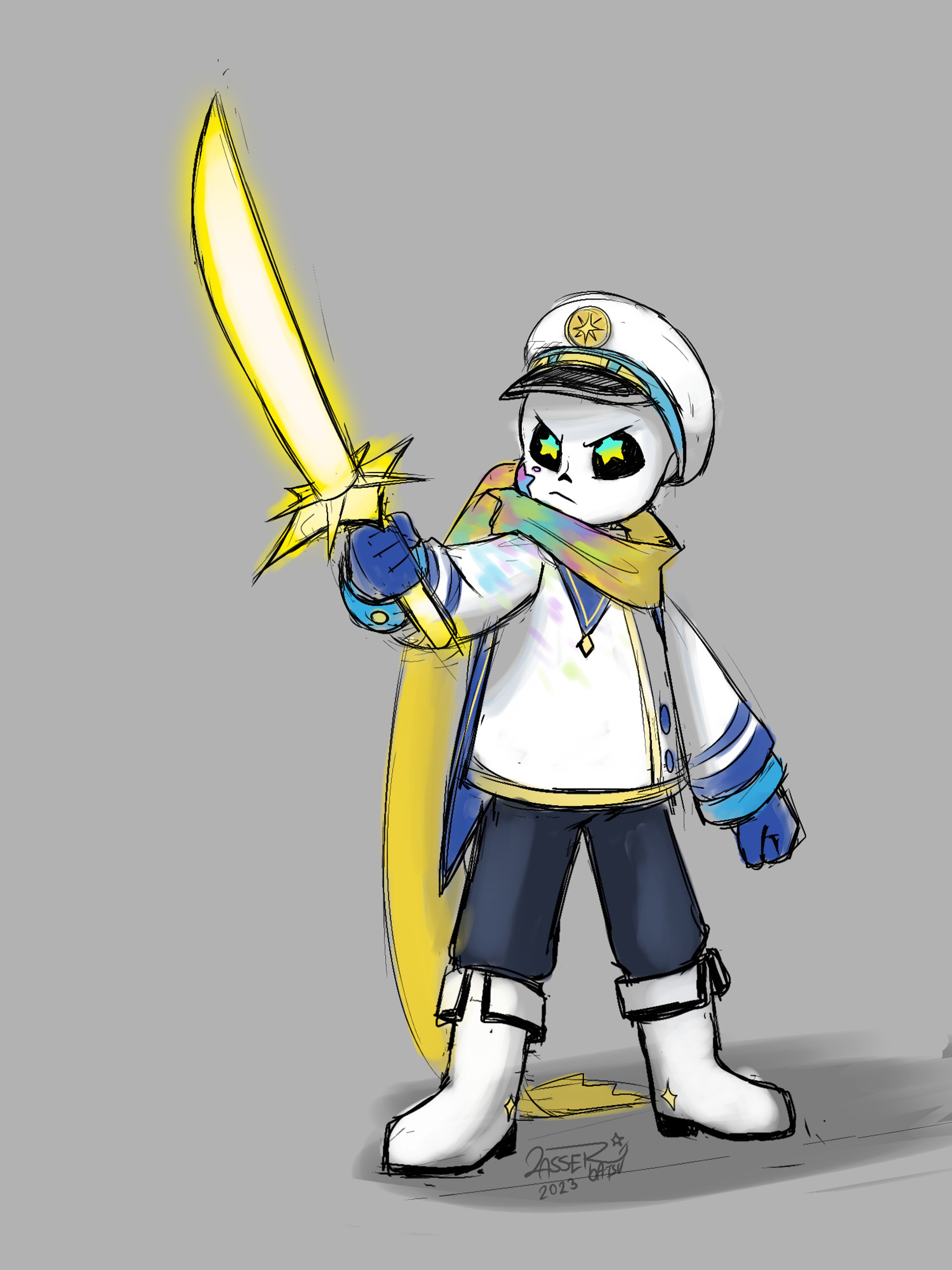 A skeleton monster character in a sailor-inspired outfit holding a golden sword