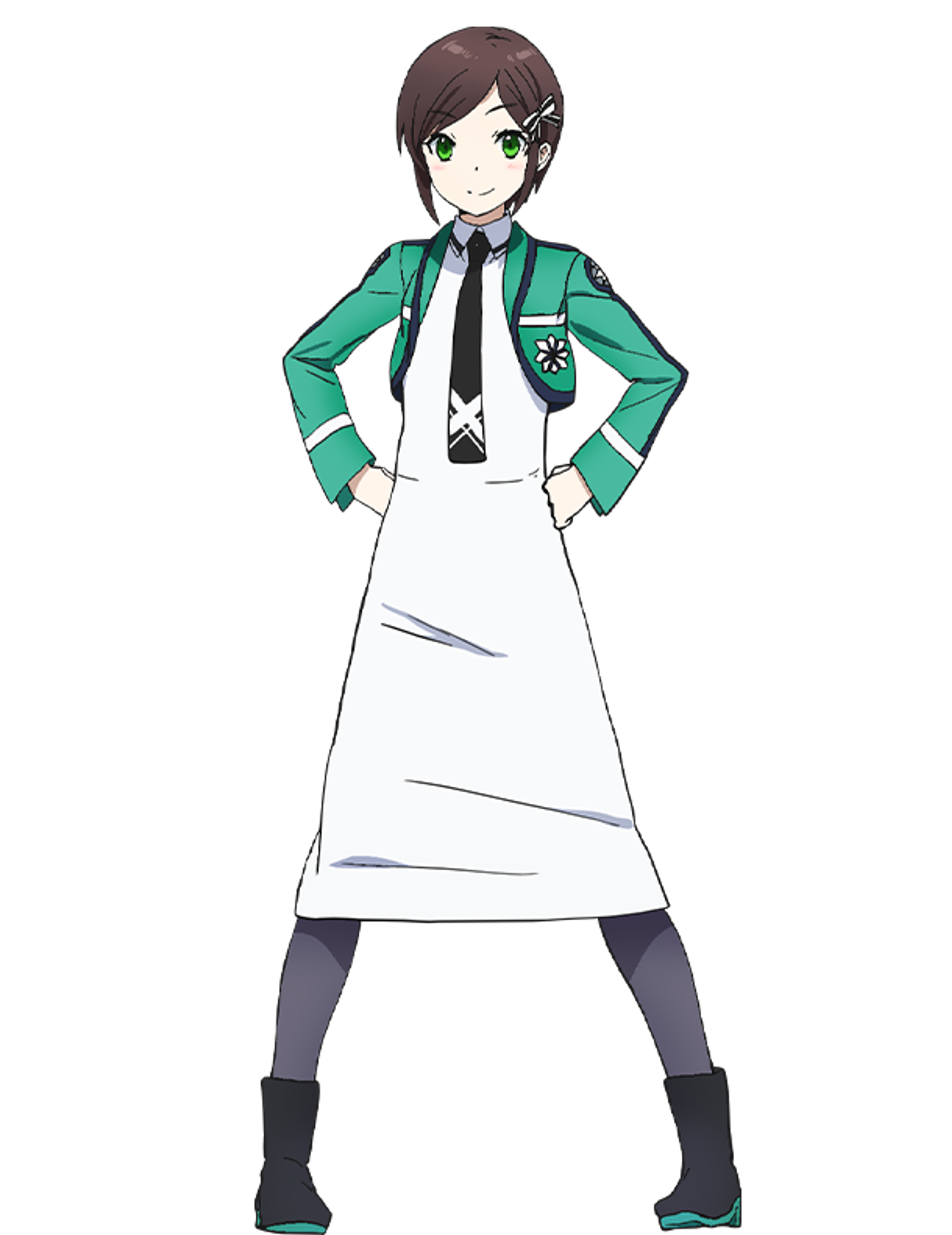 A young woman with short dark hair and a green jacket, looking serious.