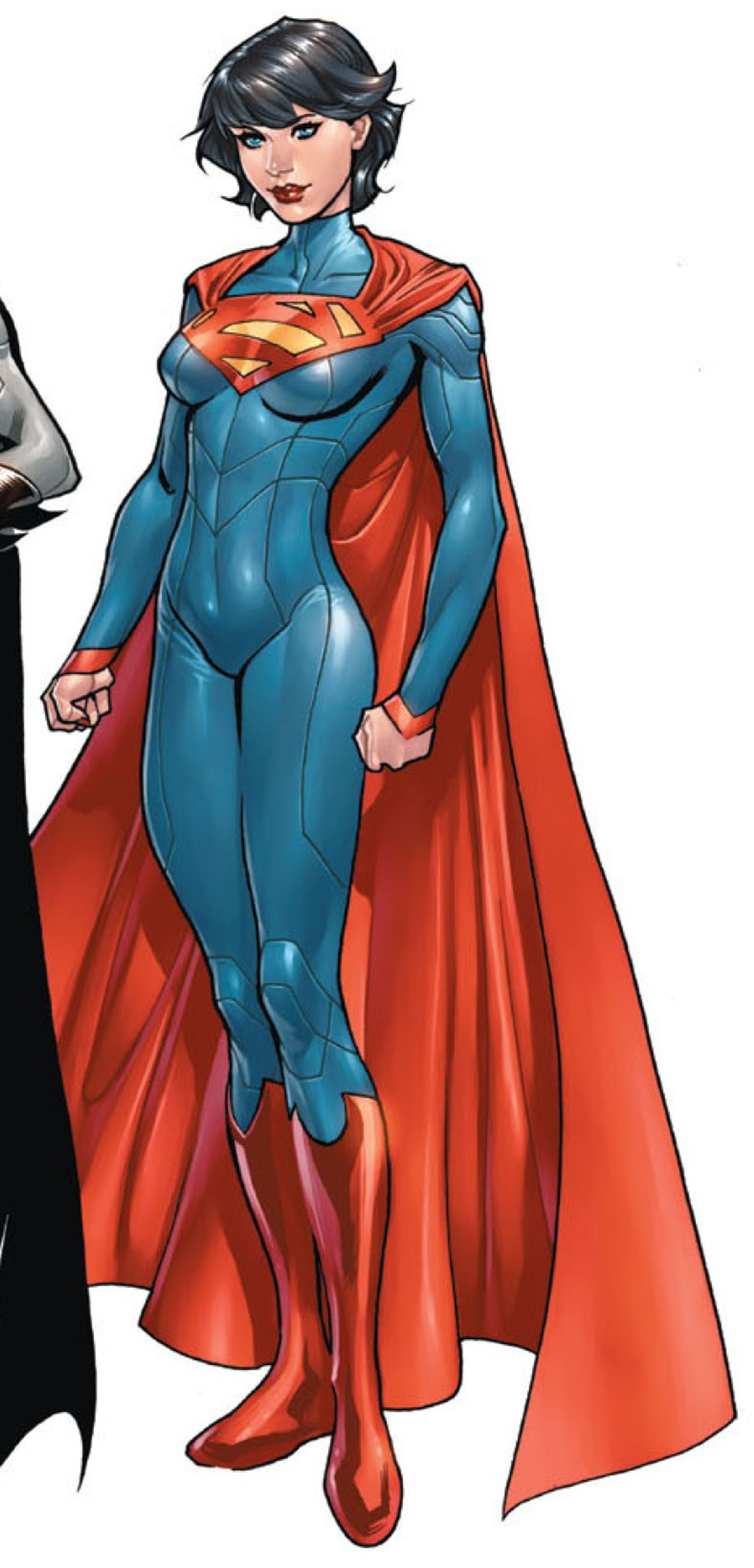 A female superhero in a blue and red costume with the Superman/Superwoman 'S' emblem