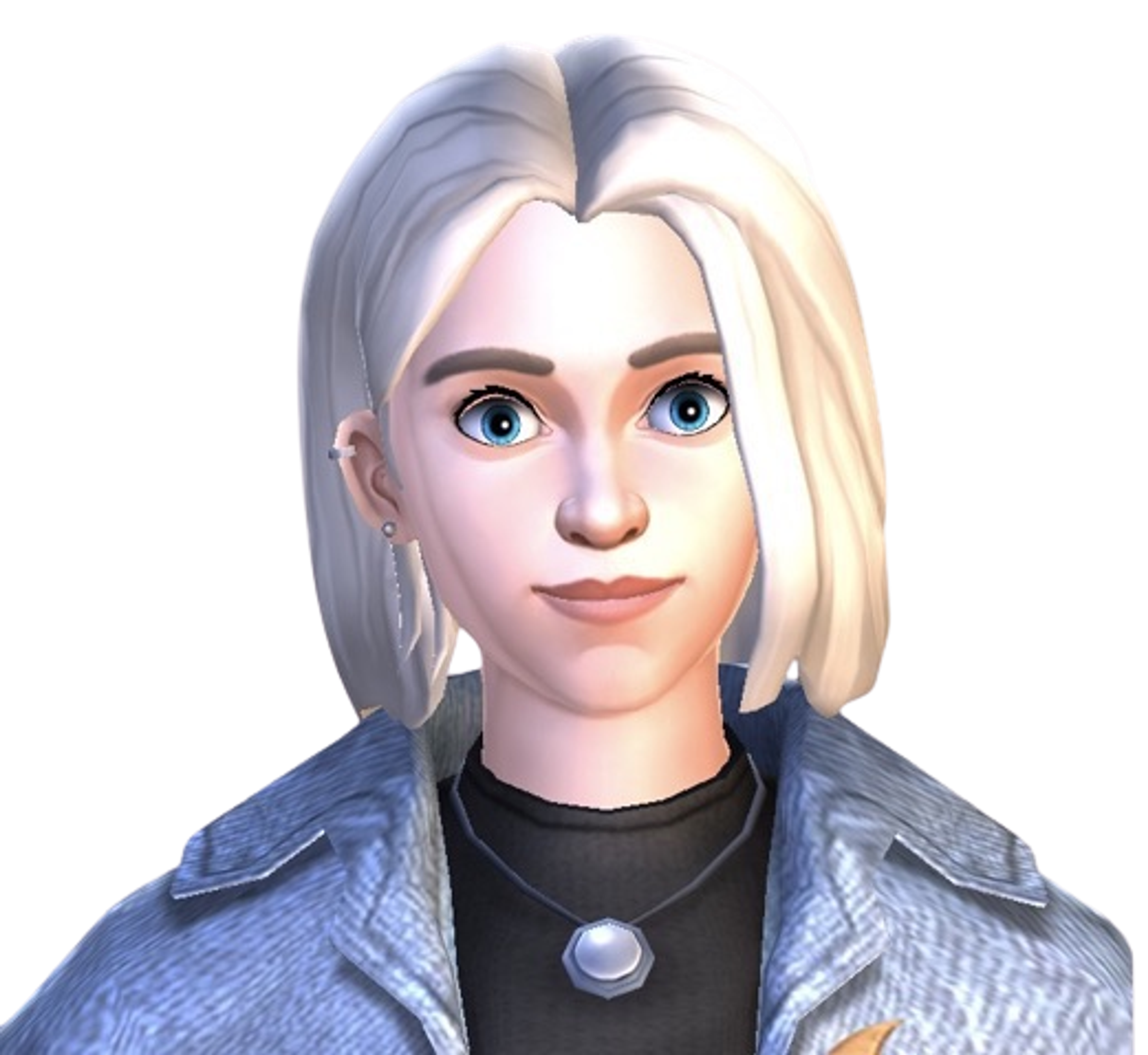 A young woman with silver hair and blue eyes wearing a black top and gray jacket