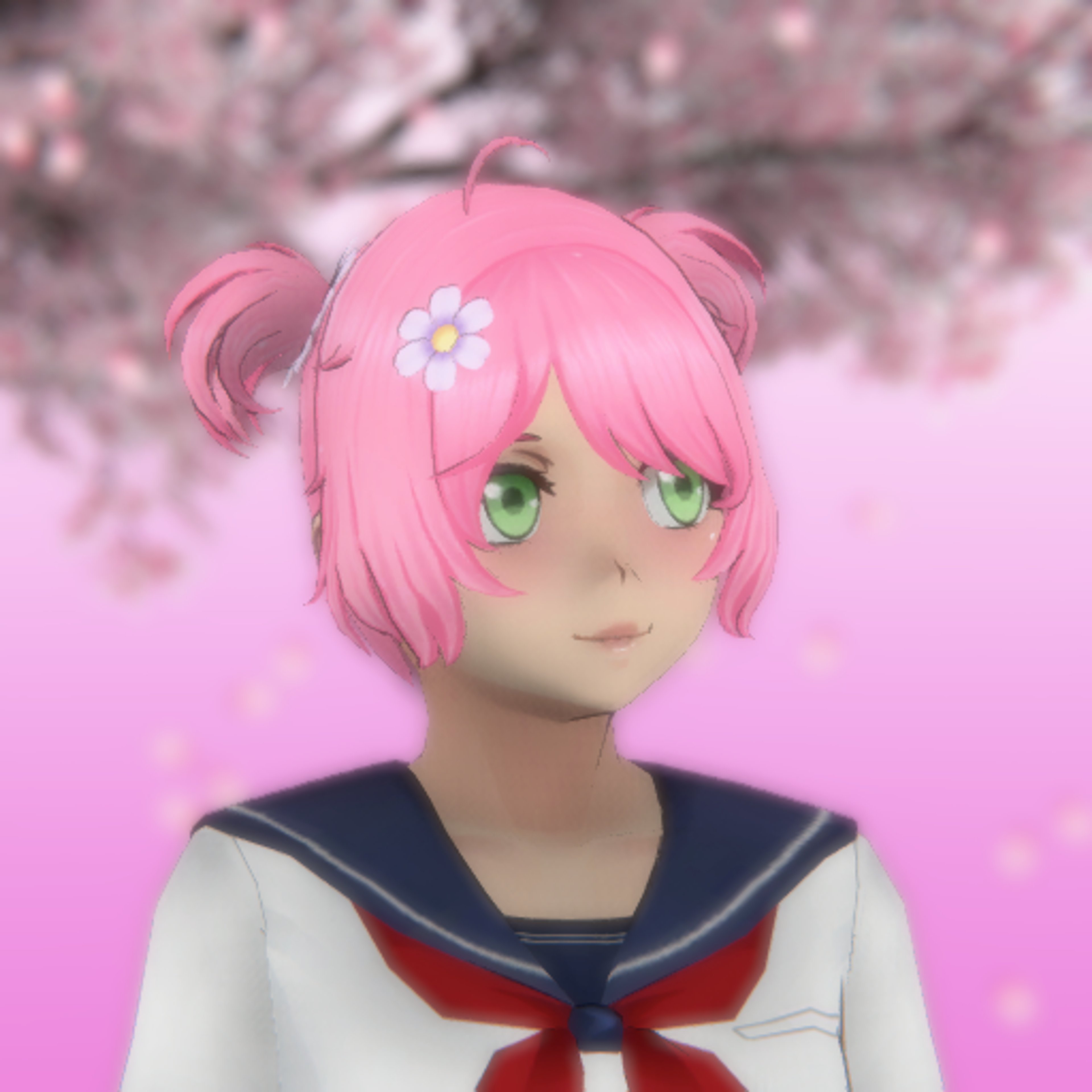An anime-style character with pink hair in pigtails, wearing a school uniform and holding a watering can
