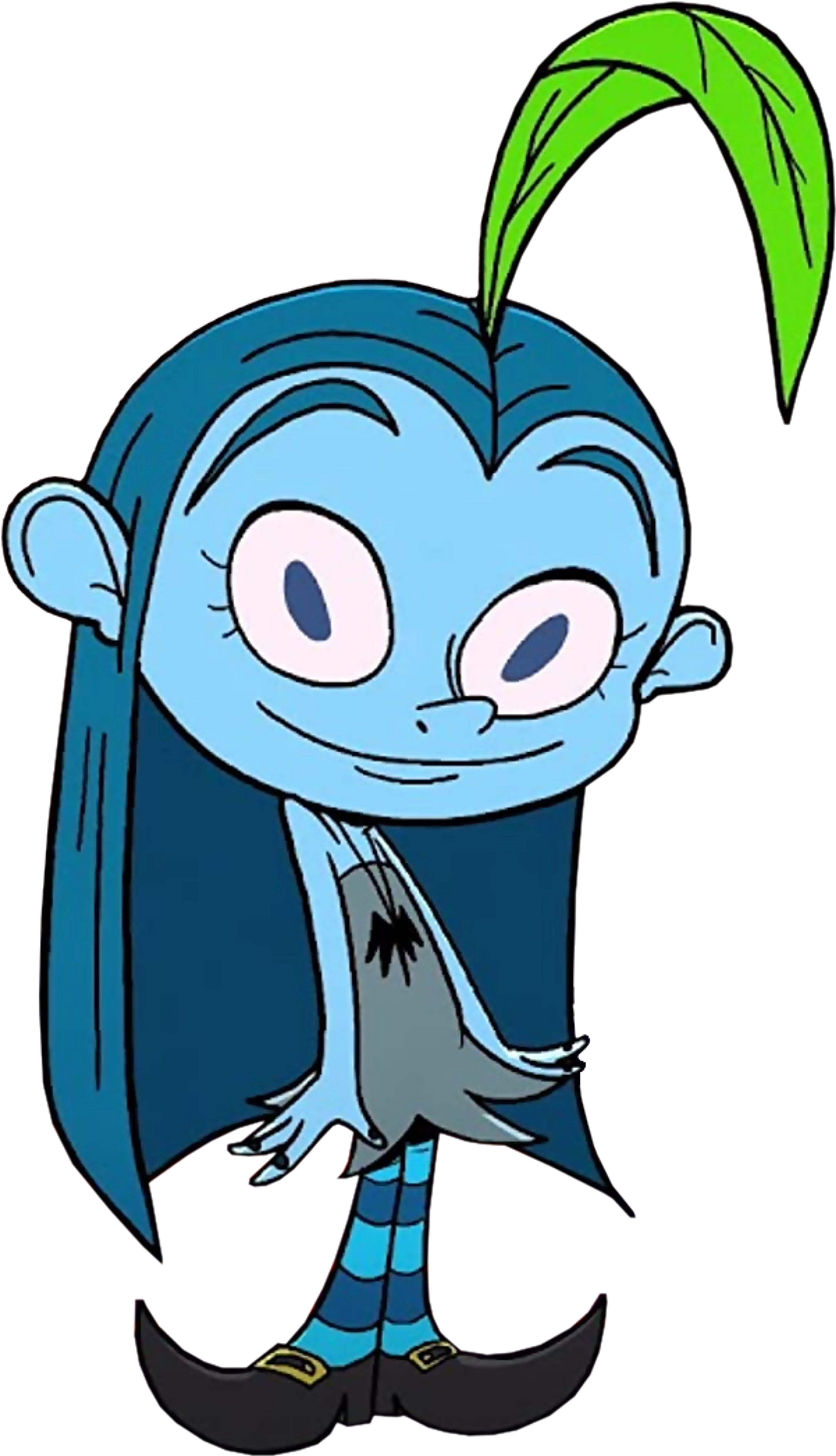 A blue-skinned cartoon character with a green leaf-like hat and a cheerful expression.