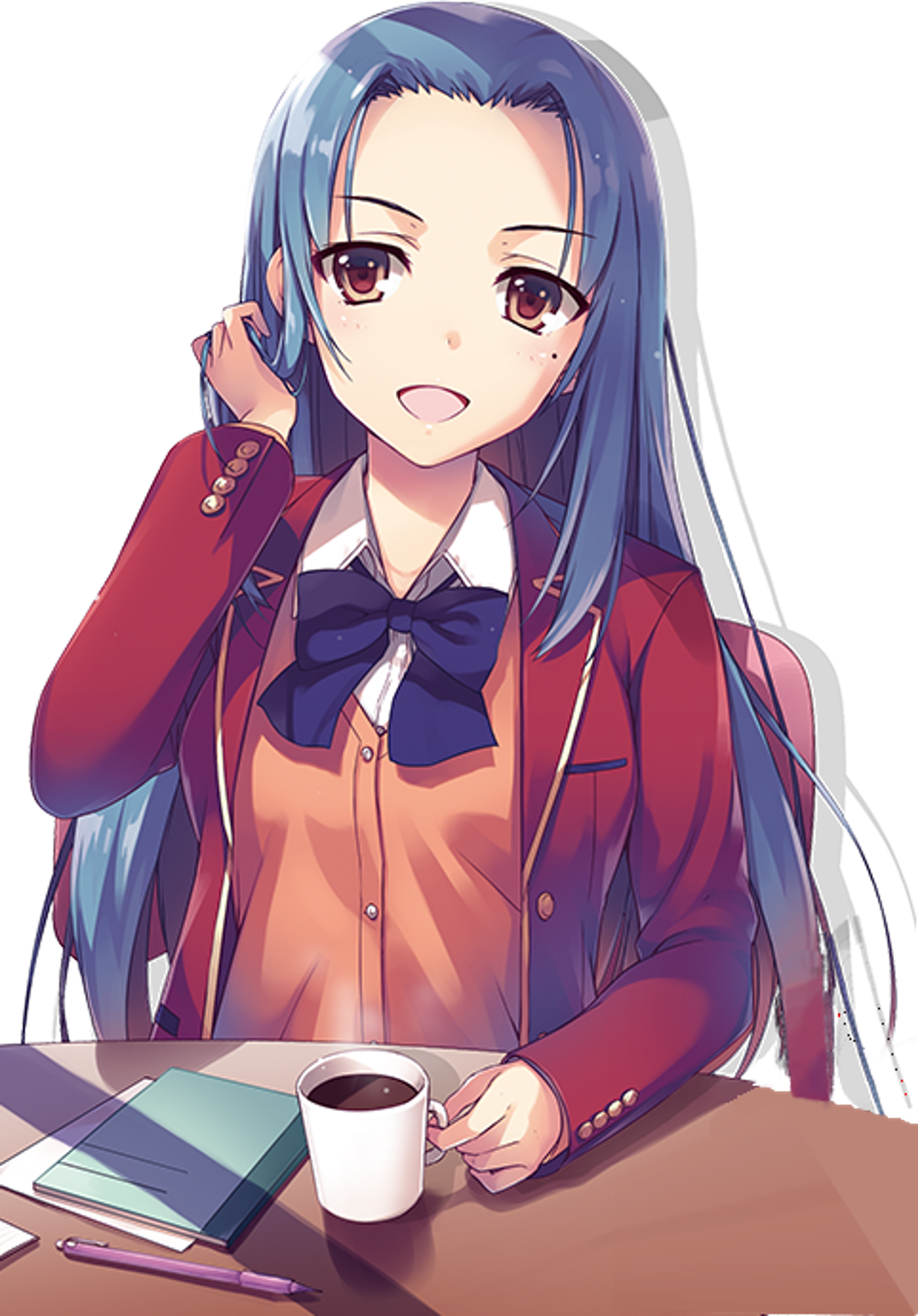 An anime-style character with blue hair, a mole, and a red jacket