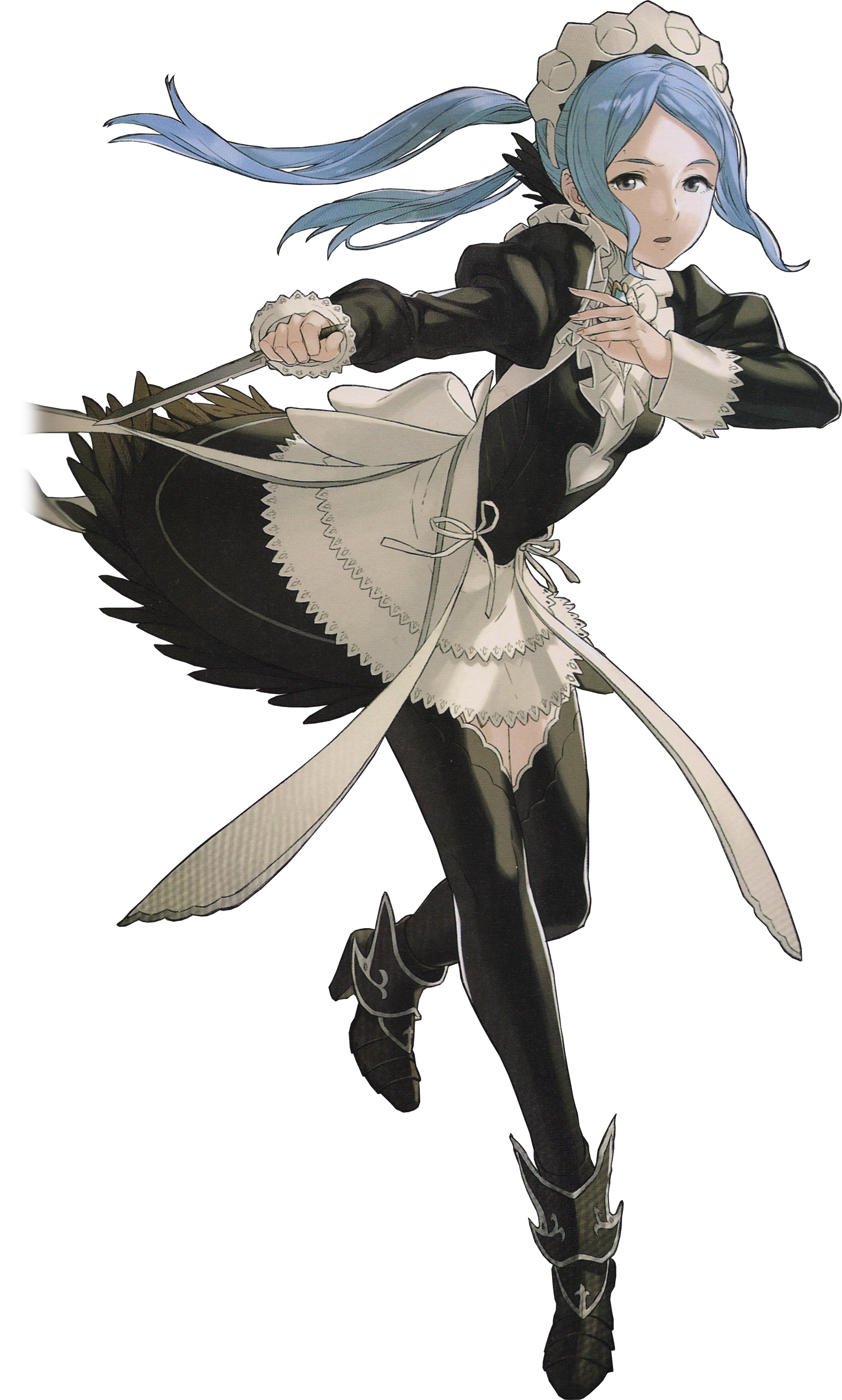 A young woman with blue hair wearing a maid-like outfit and holding a staff or weapon.