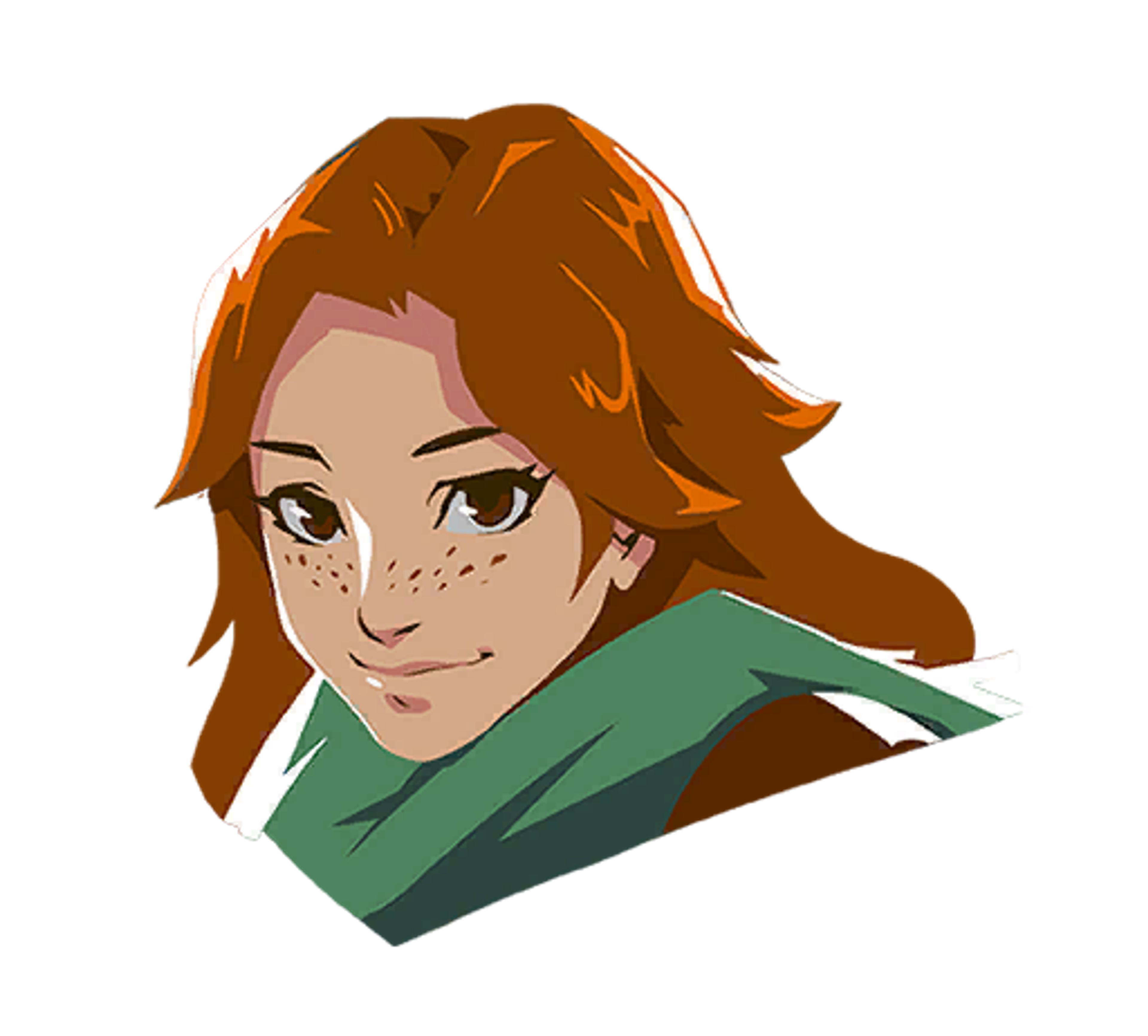 A young woman with reddish-orange hair and freckles, wearing a green sweater and smiling.