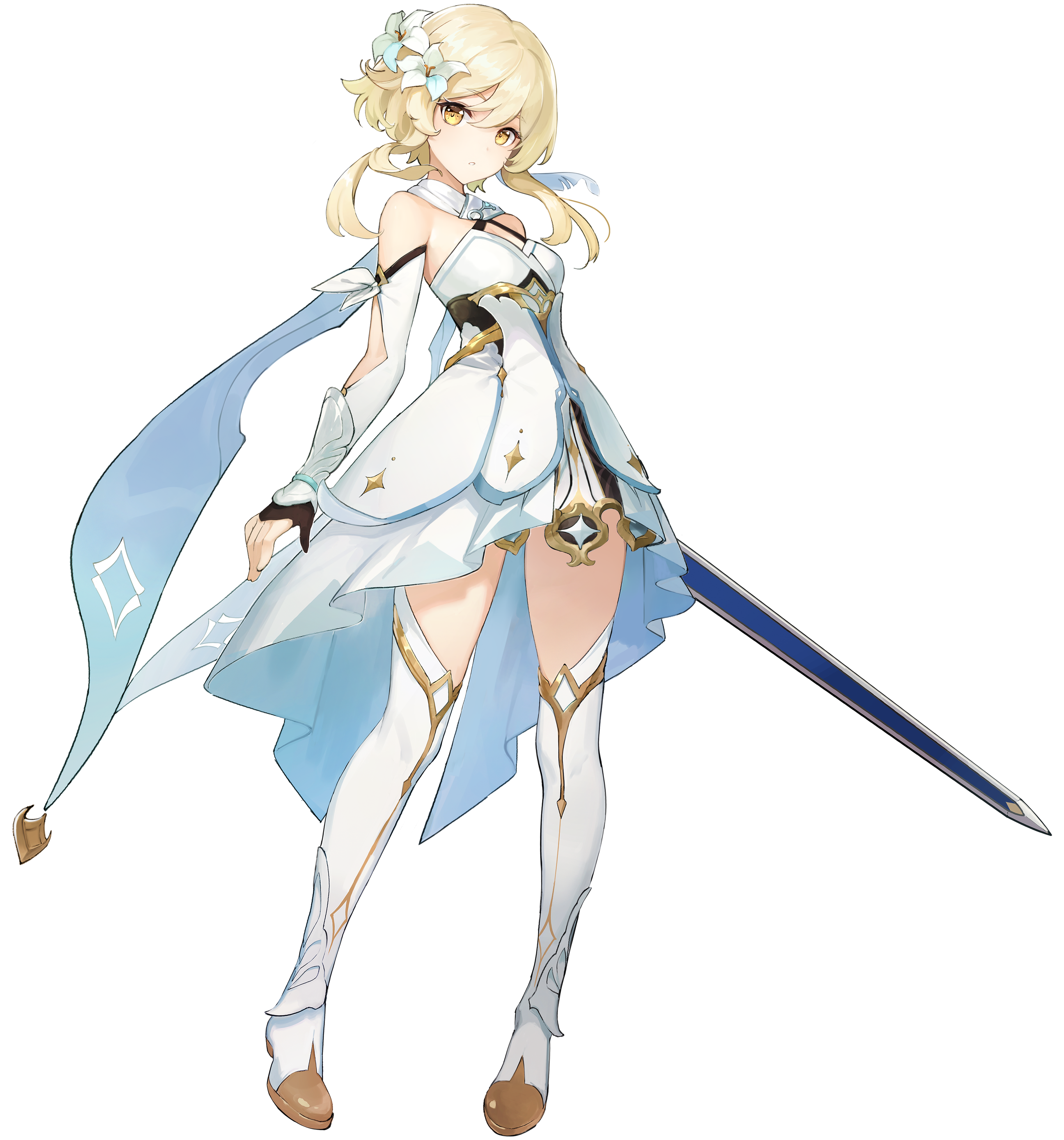 A young woman with white hair and a white dress, holding a sword.