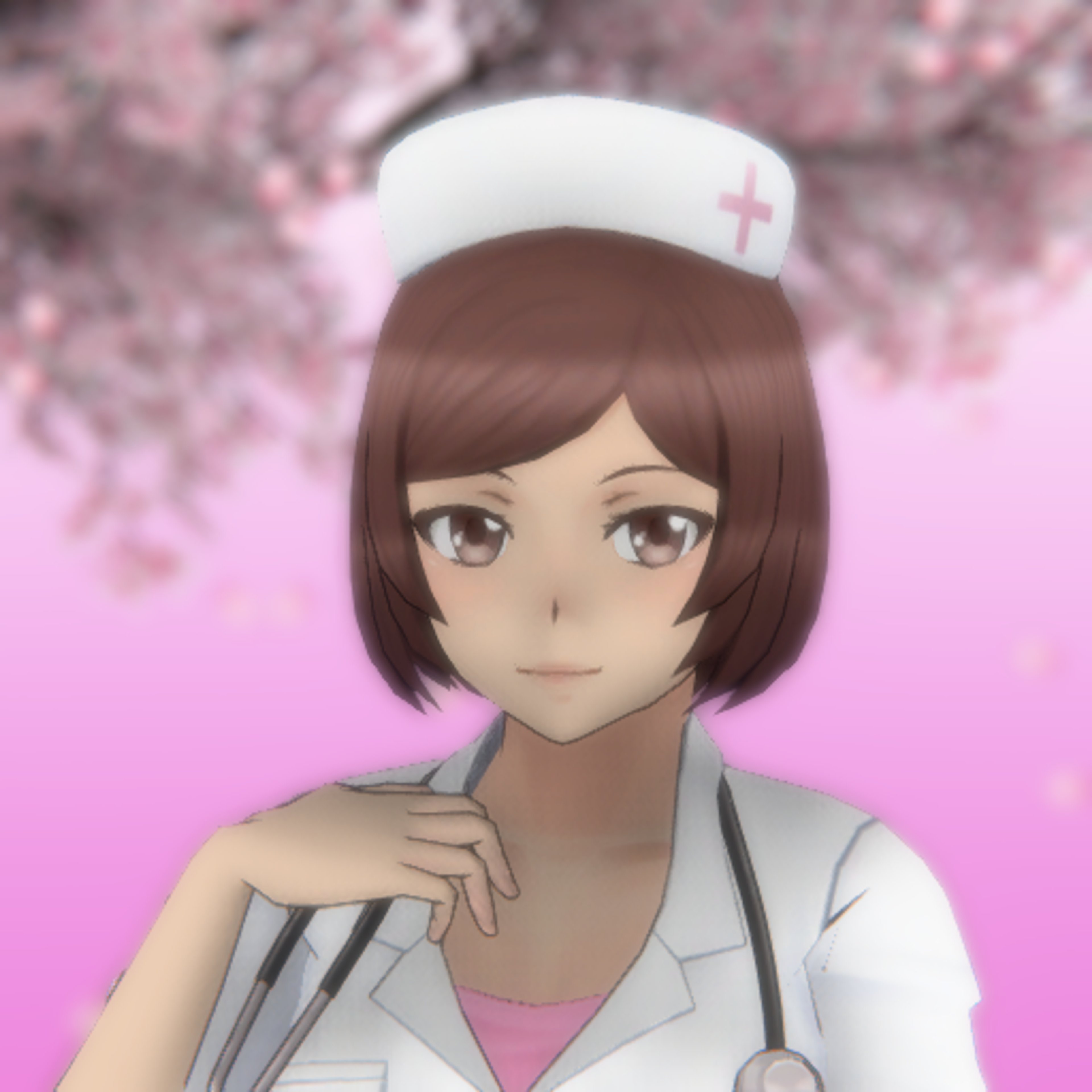 An anime-style character wearing a white nurse's uniform with a stern expression