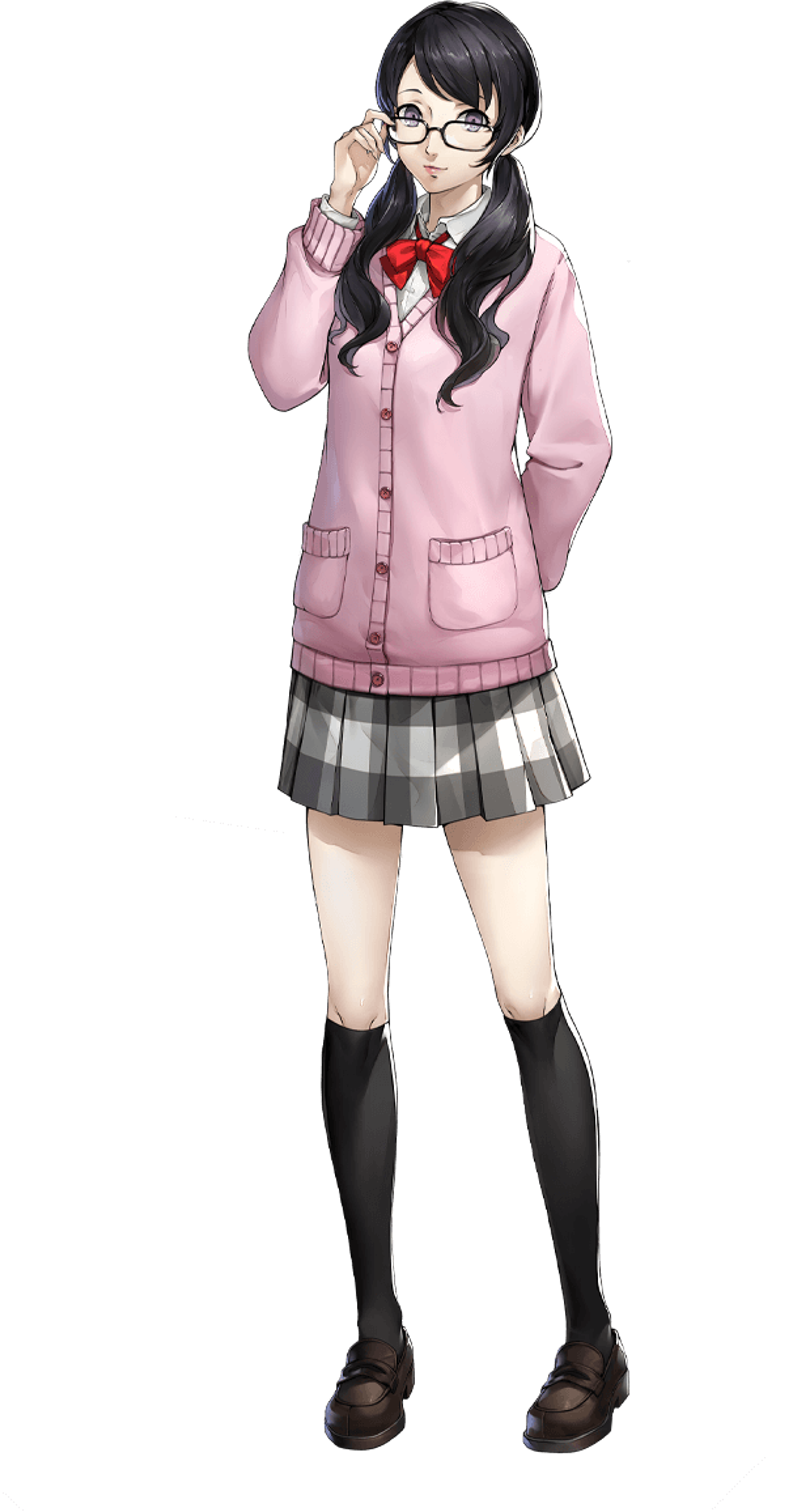 A young woman in a school uniform with pigtails and glasses