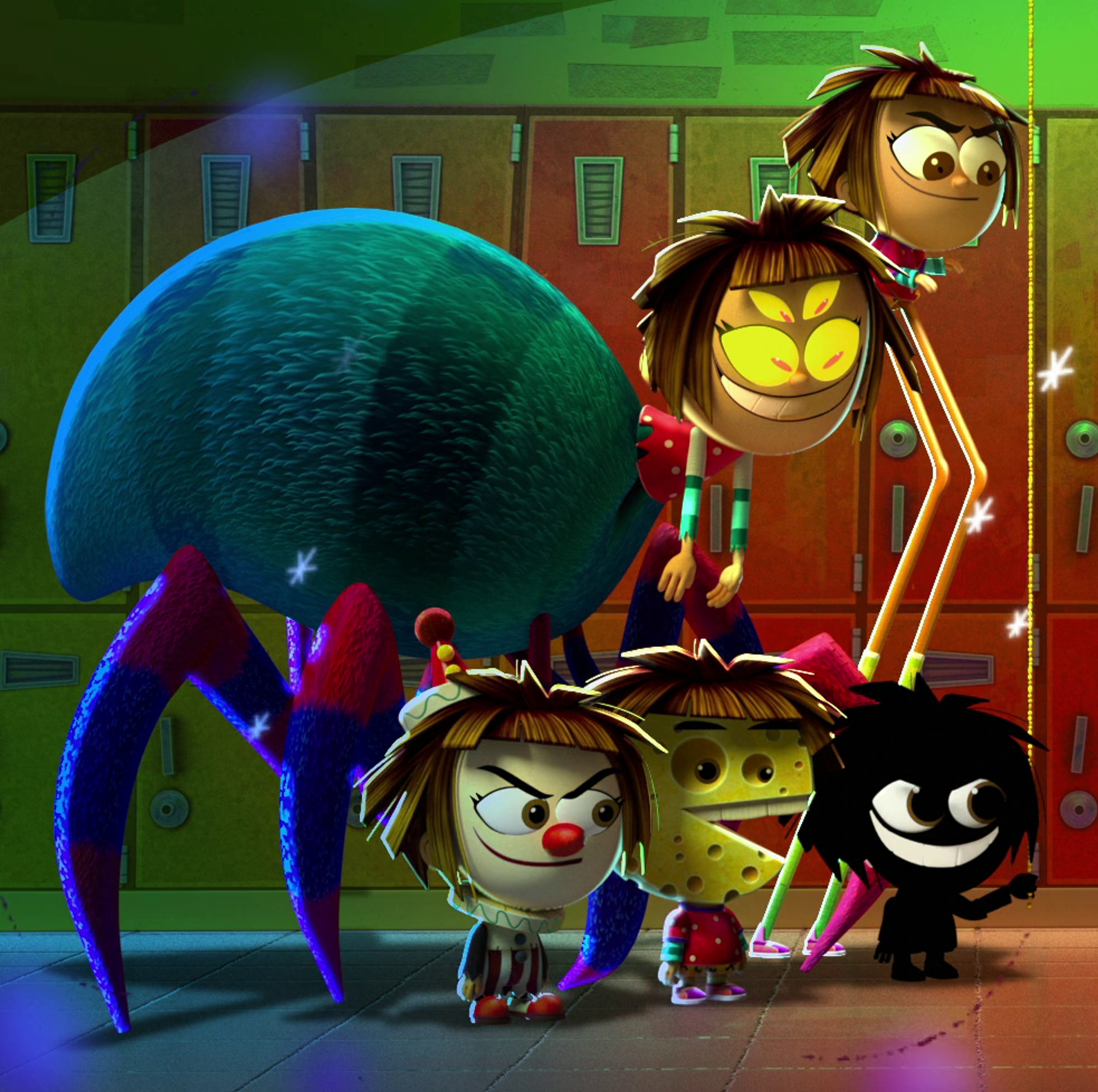 A group of colorful, animated characters including a fearful-looking female figure and a large, shadowy manifestation of fear.