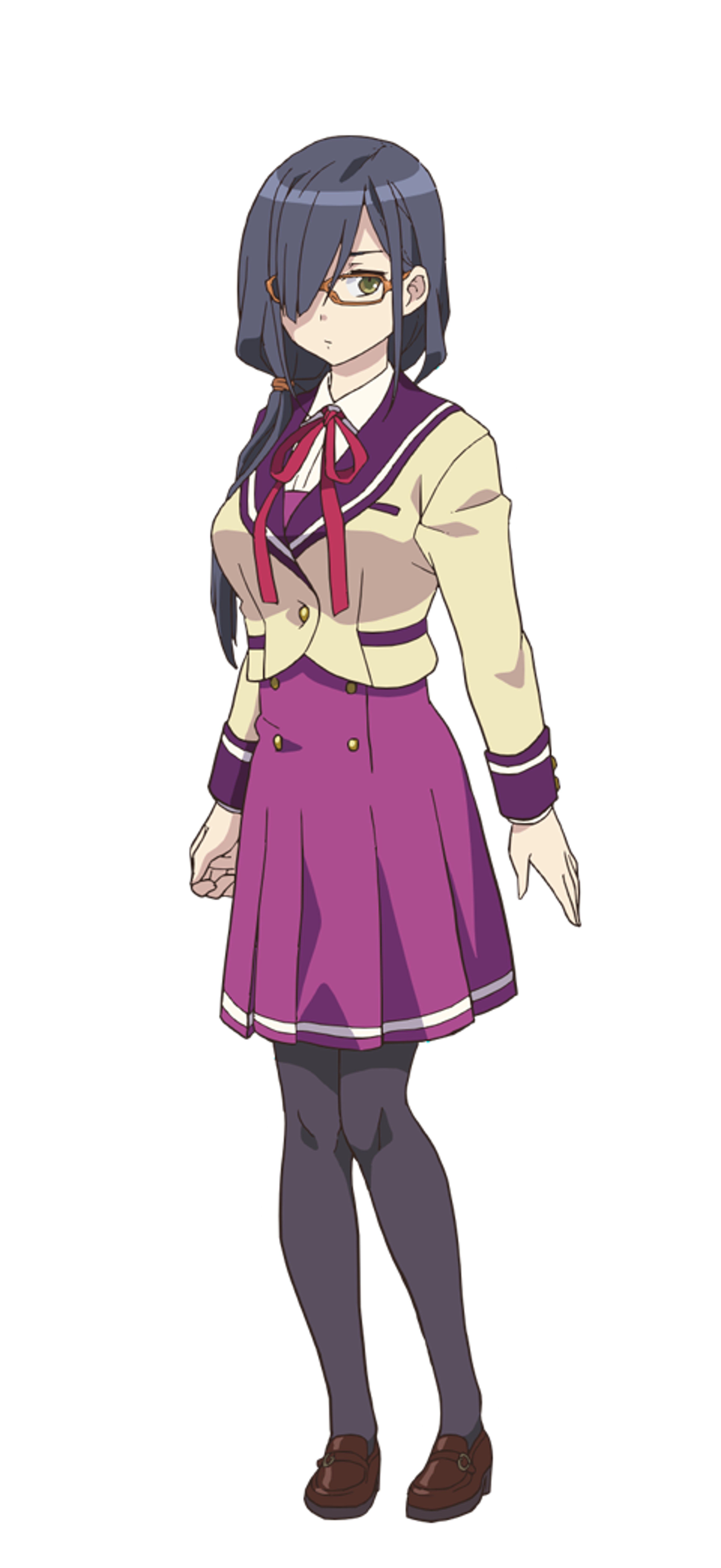 An anime-style character with black hair in a ponytail, yellow-green eyes, and glasses, wearing a school uniform.
