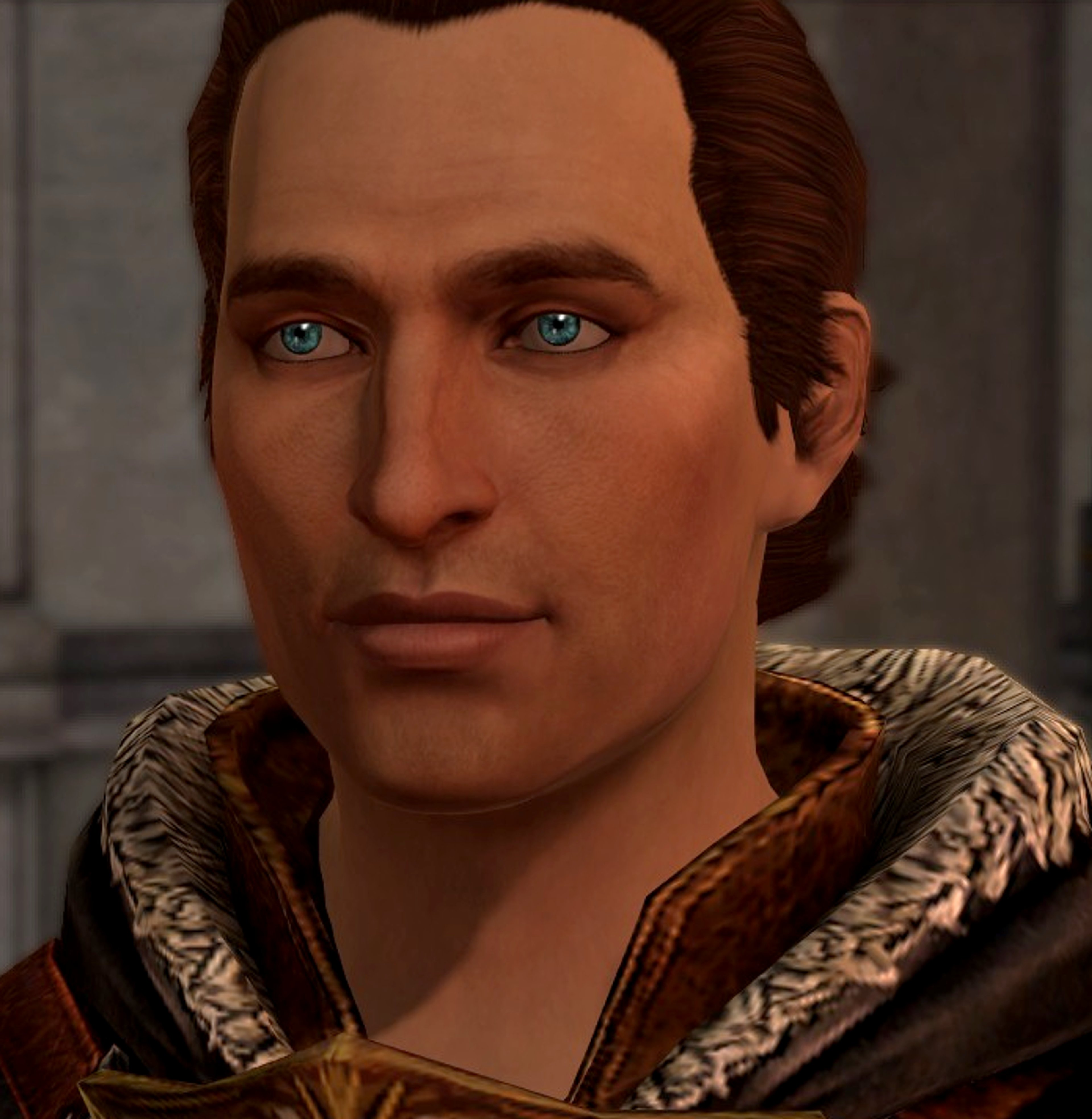 A detailed portrait of a male character with brown hair and blue eyes, wearing a fur-trimmed jacket.