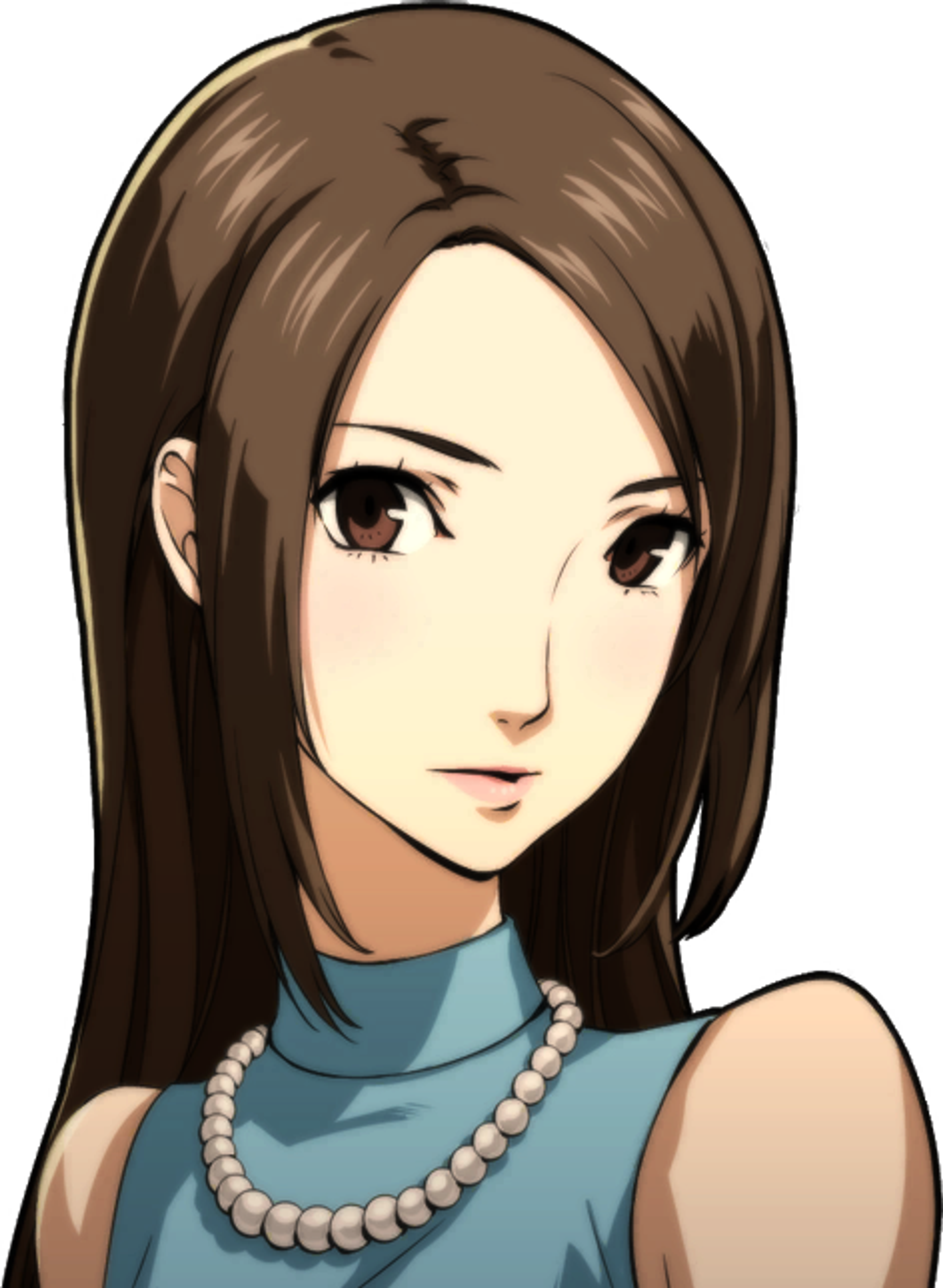 A young woman with long, dark hair and a serious expression, wearing a blue high-collared top.