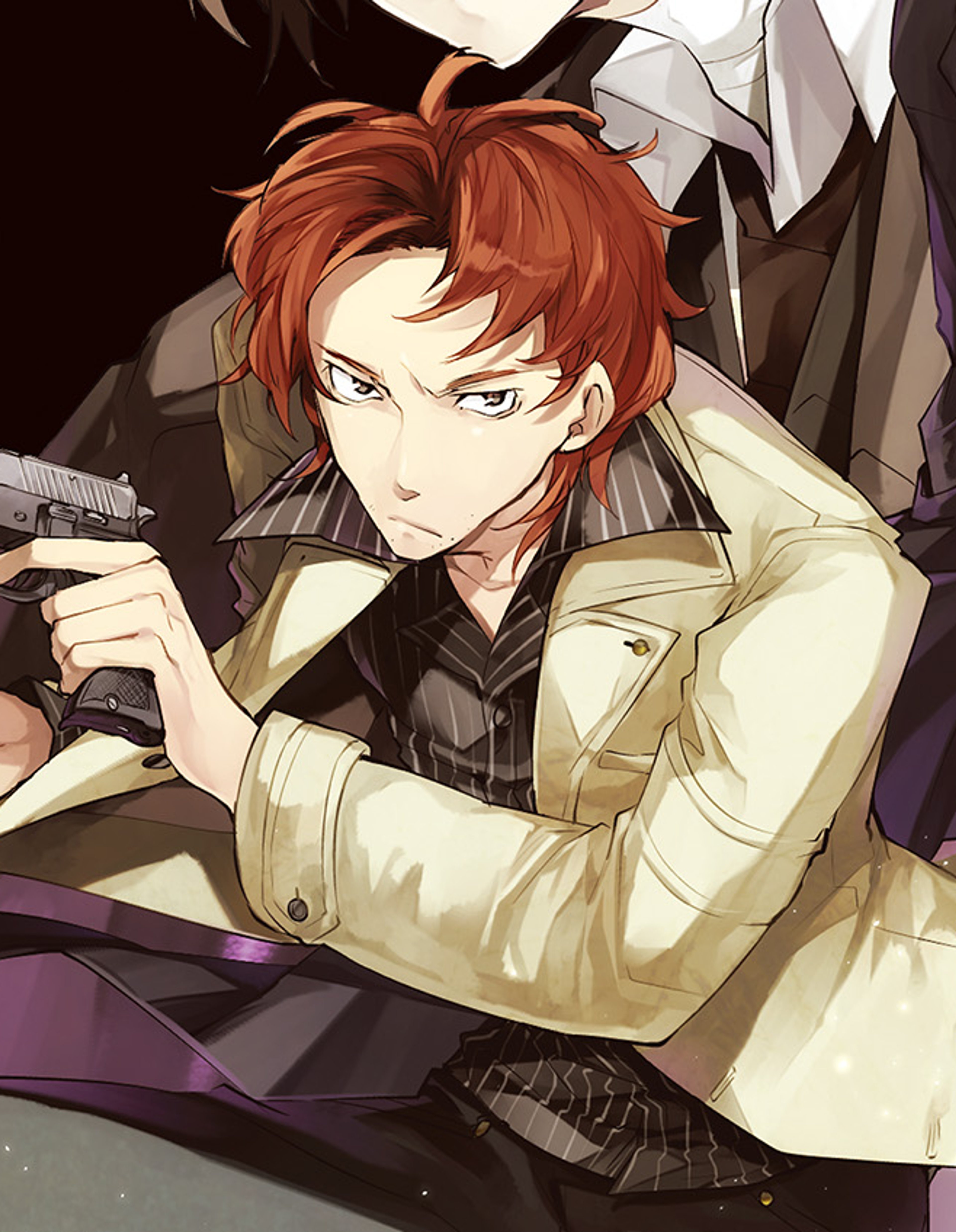 A serious-looking man with red hair wearing a trenchcoat in a dark setting