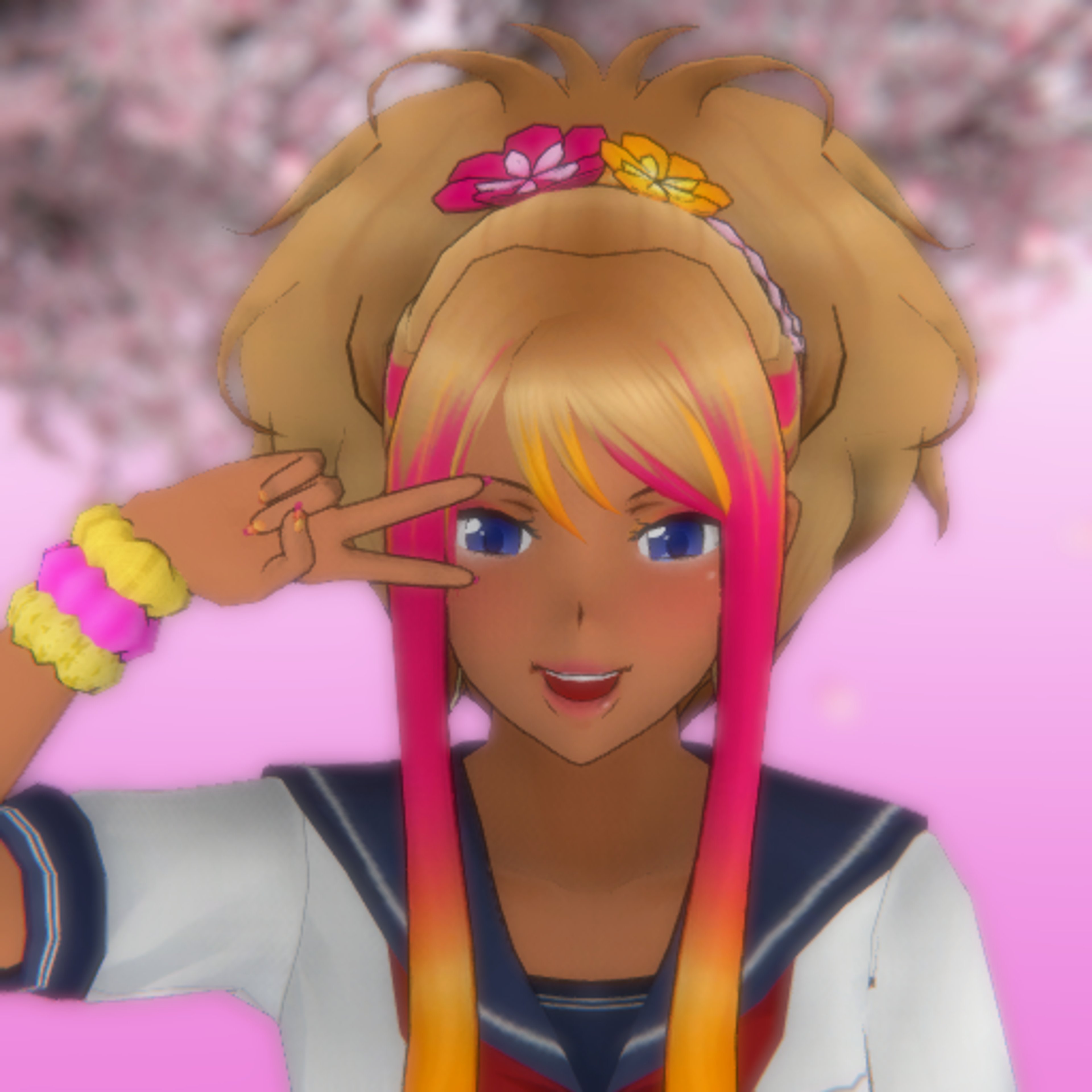An anime-style character with blonde pigtails and a cheerful expression, wearing a school uniform.