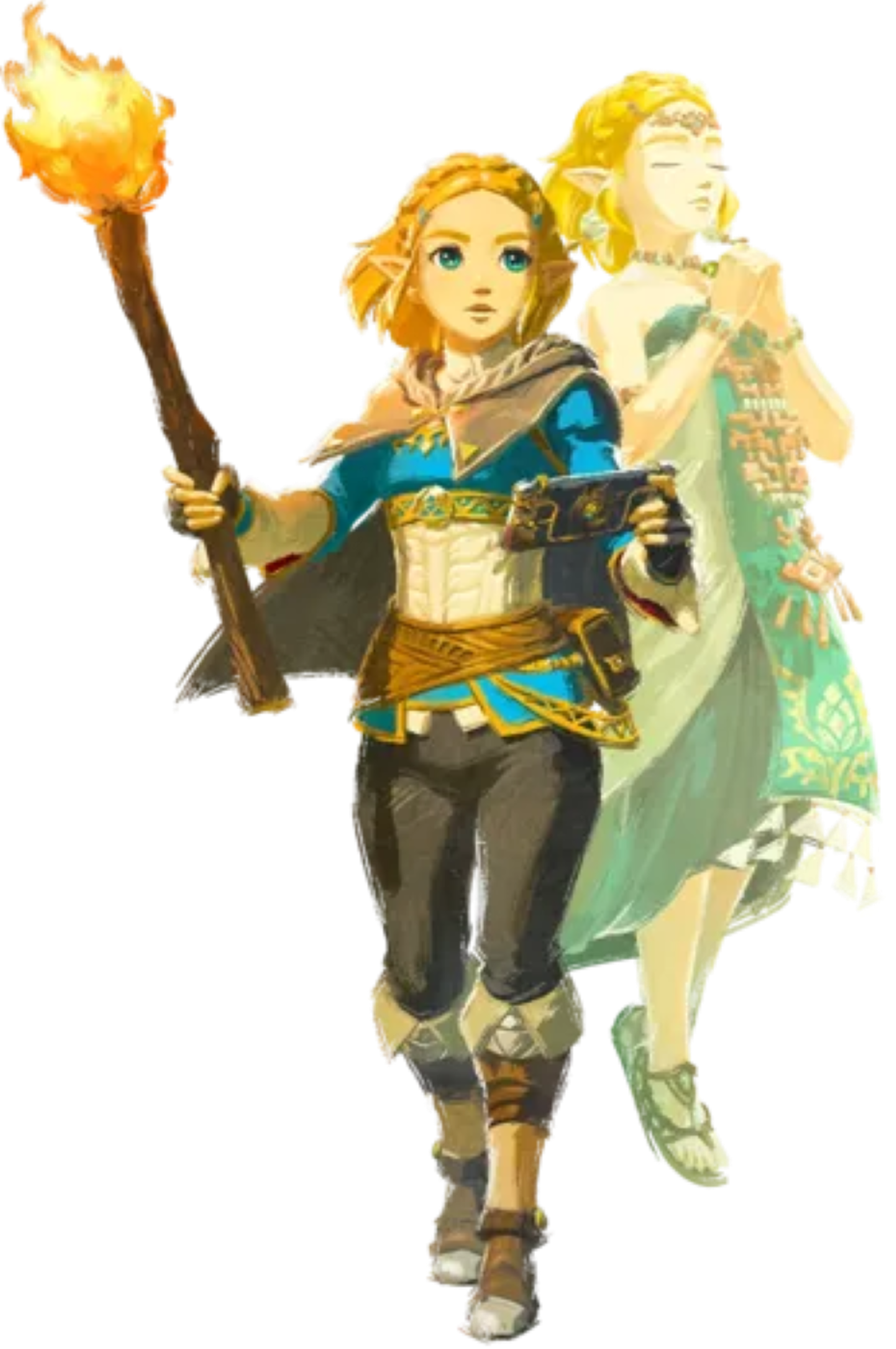 A female fantasy character with blonde hair holding a glowing sword and orb