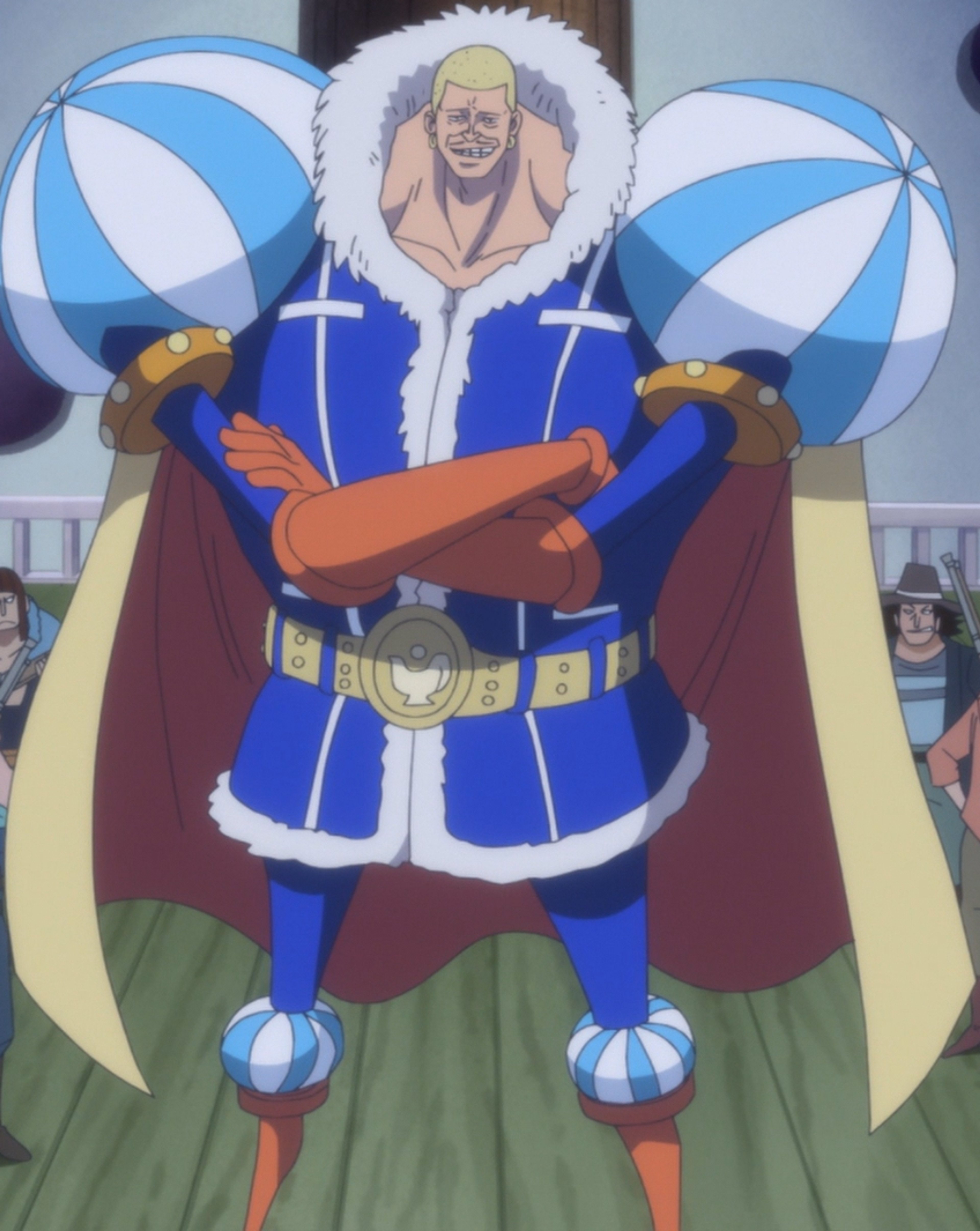 A tall, muscular man in a blue and white outfit summoning a genie-like entity