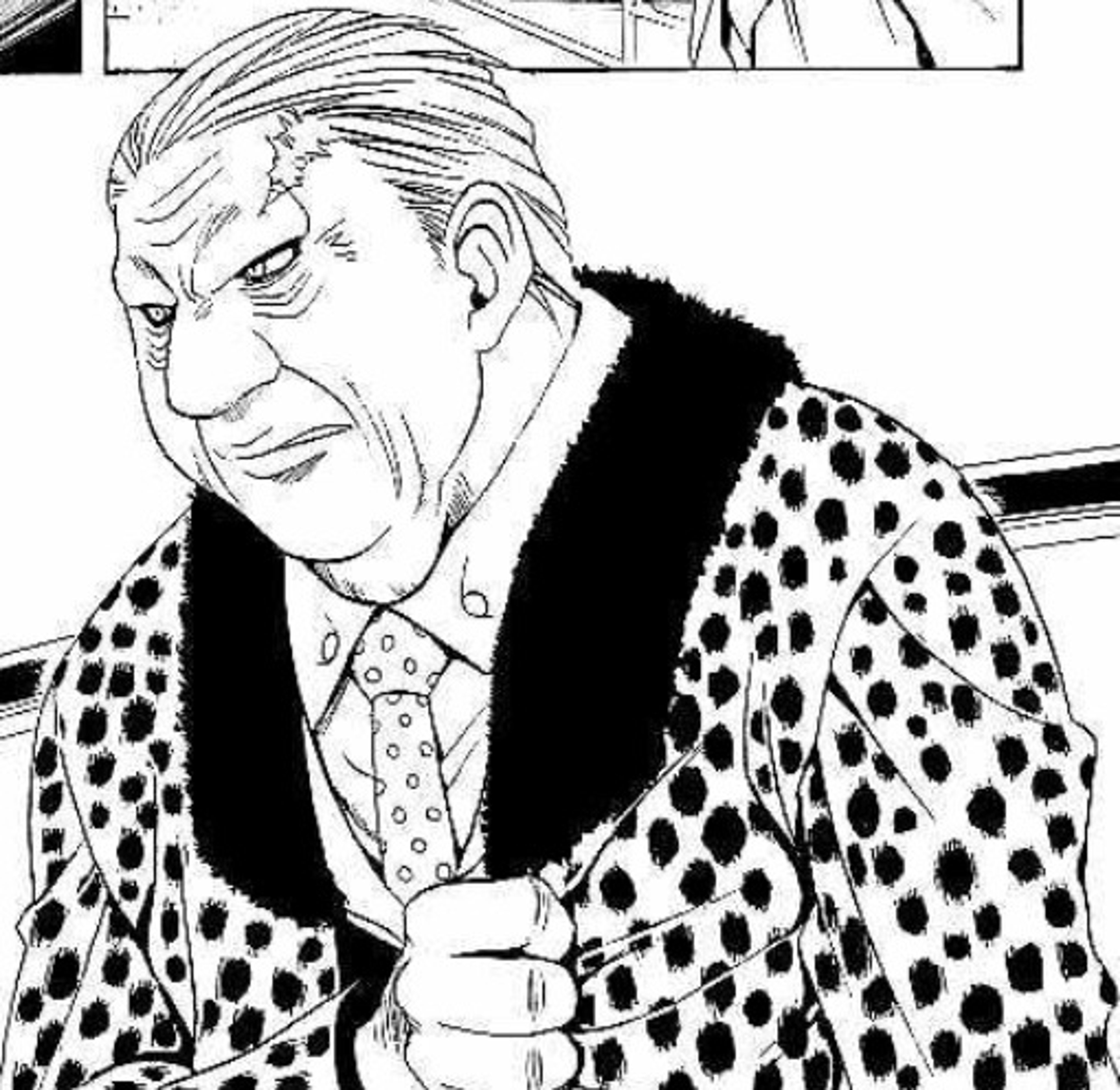 An elderly, overweight man in an expensive black suit with a polka dot pattern