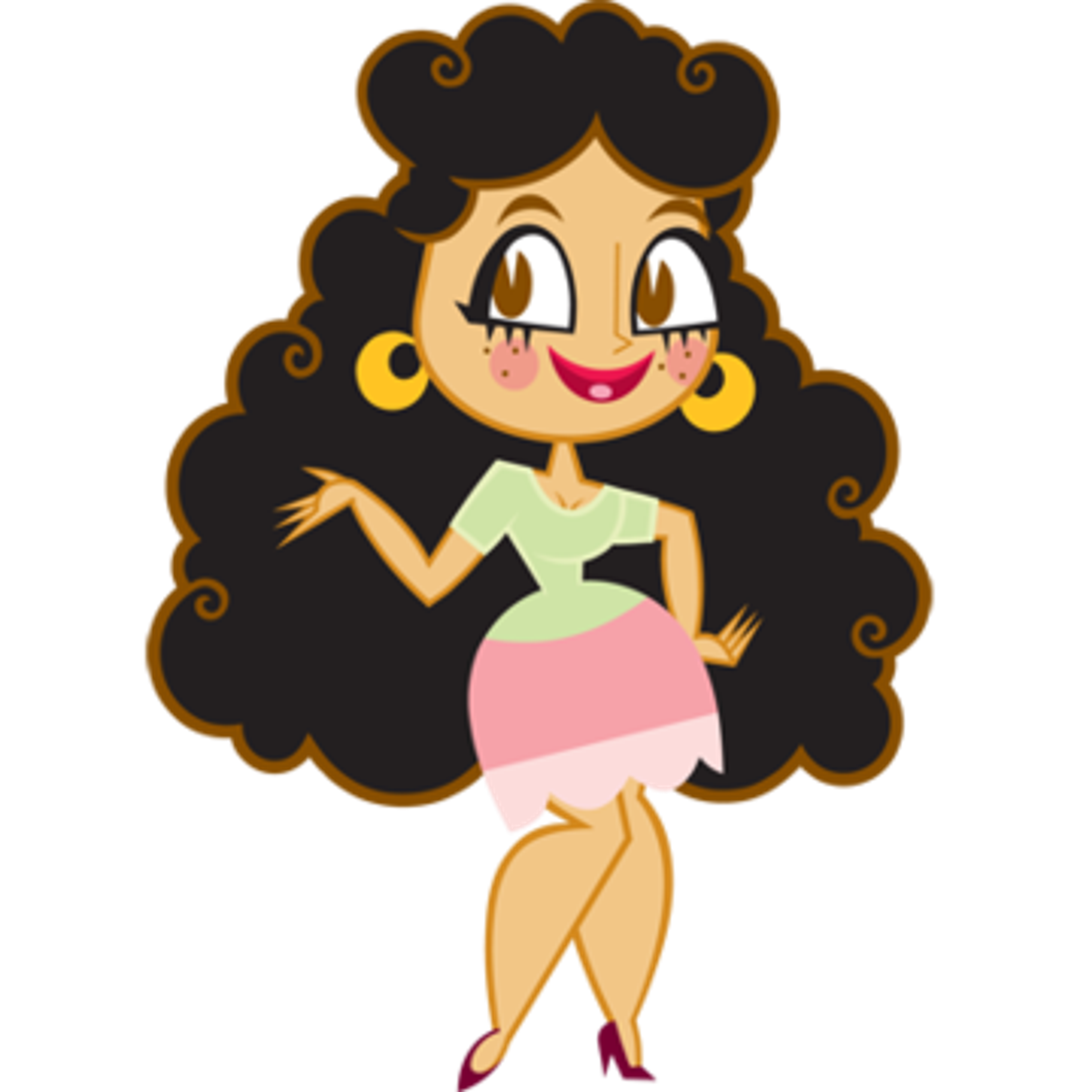 An animated Latina woman in her 40s with curly black hair, a friendly smile, and a curvy figure wearing a green top and pink skirt.