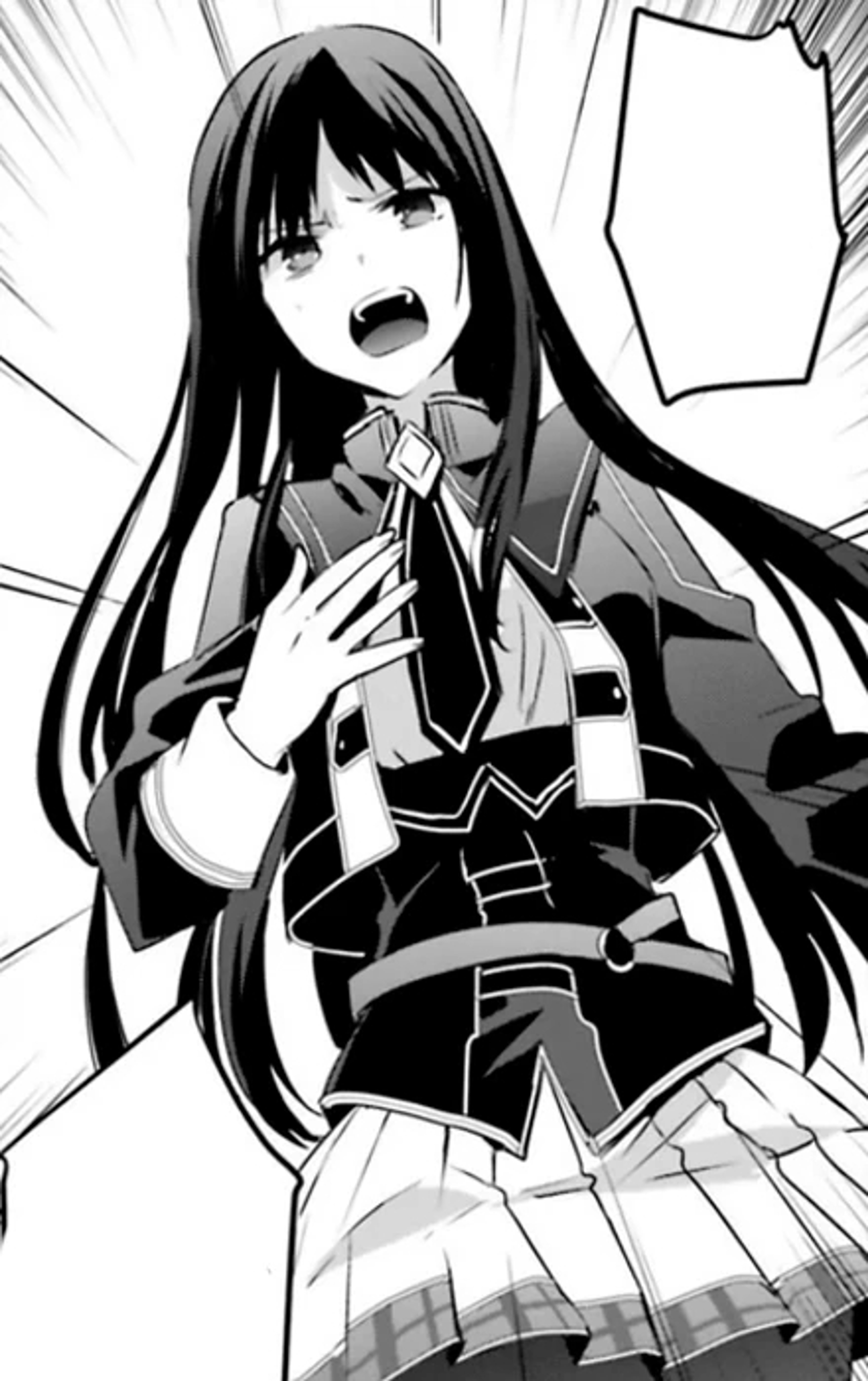 A young woman in a dark uniform with a serious expression