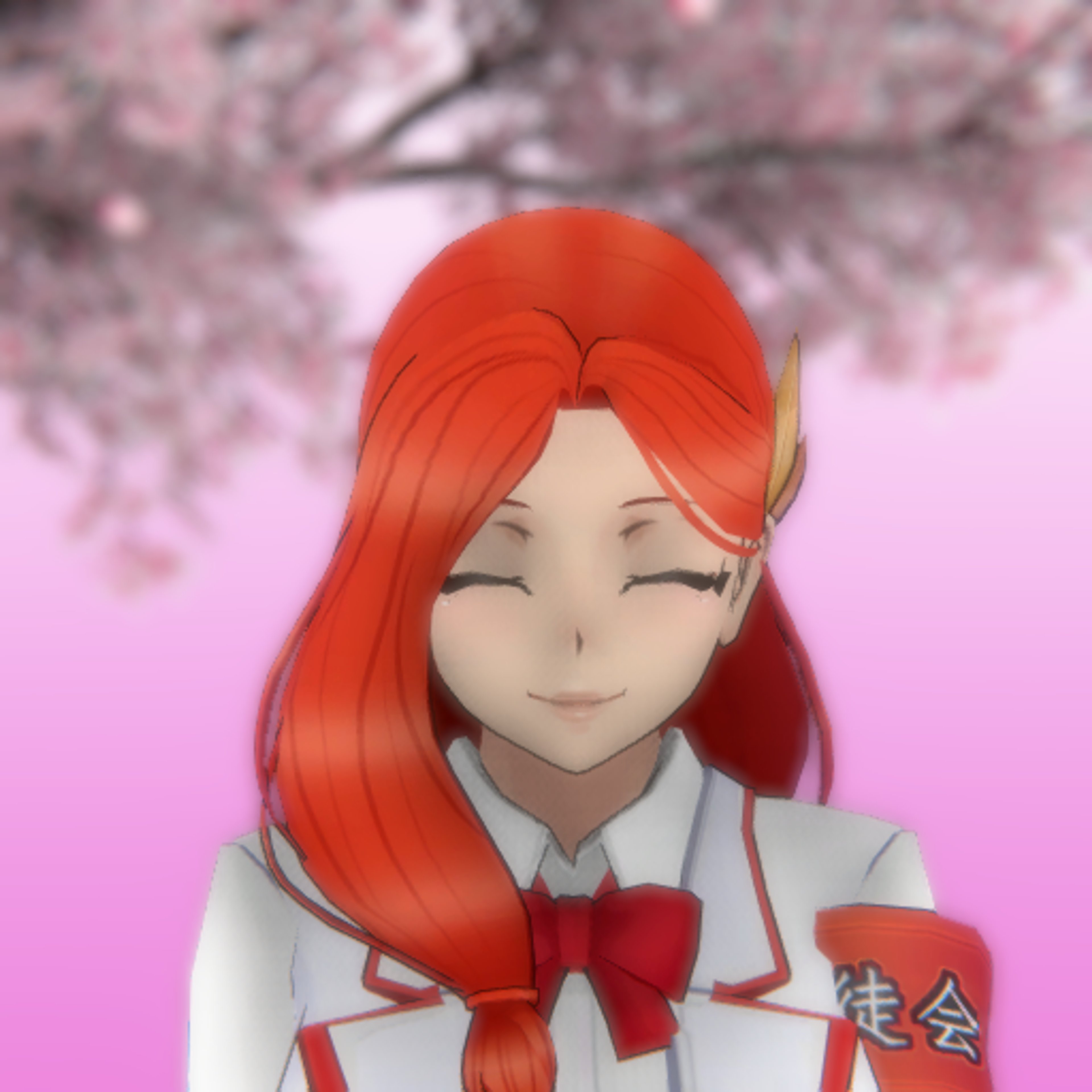 A young woman with red hair in a school uniform, standing in front of cherry blossom trees.