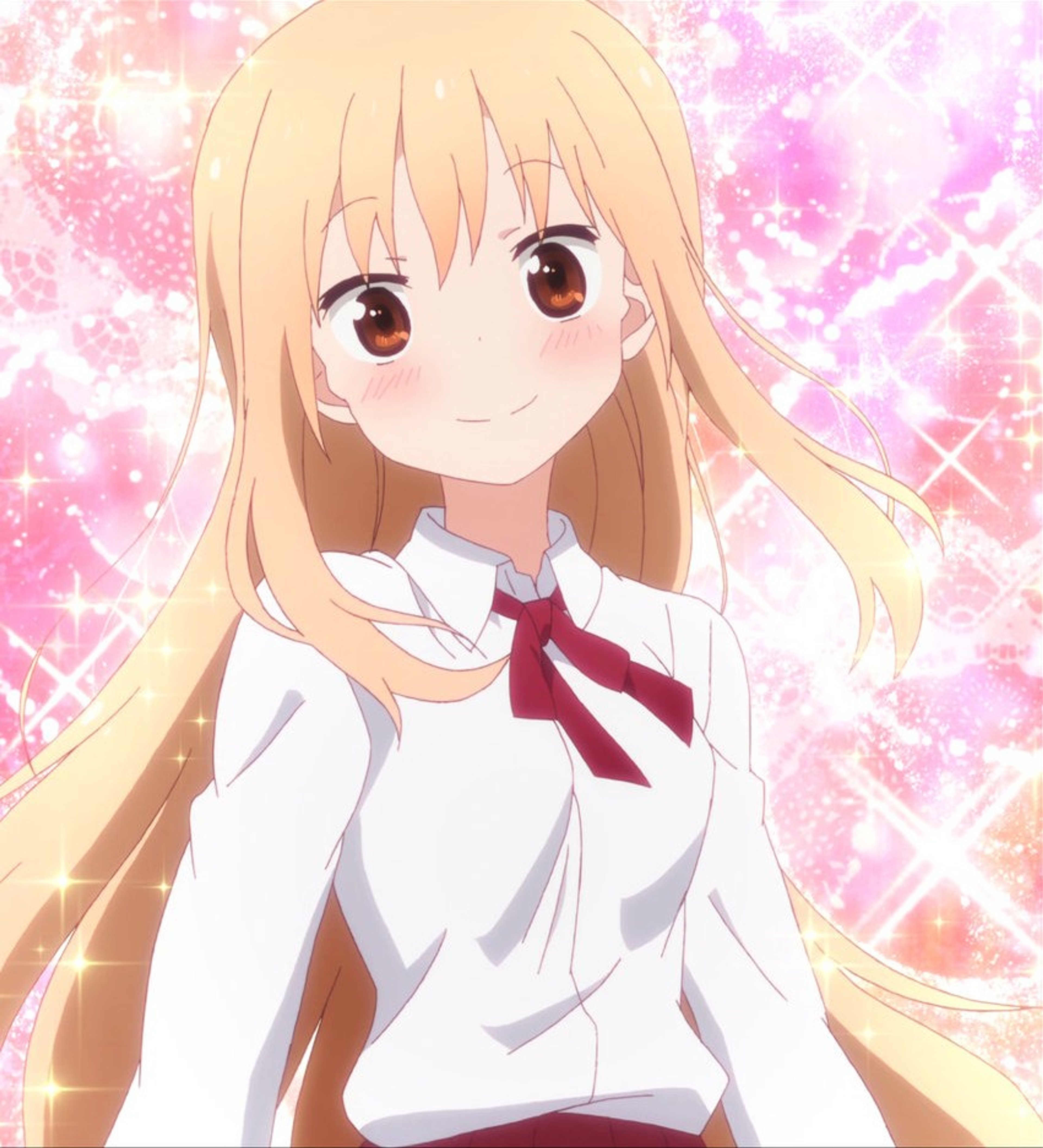 An anime-style character with long blonde hair and a white school uniform