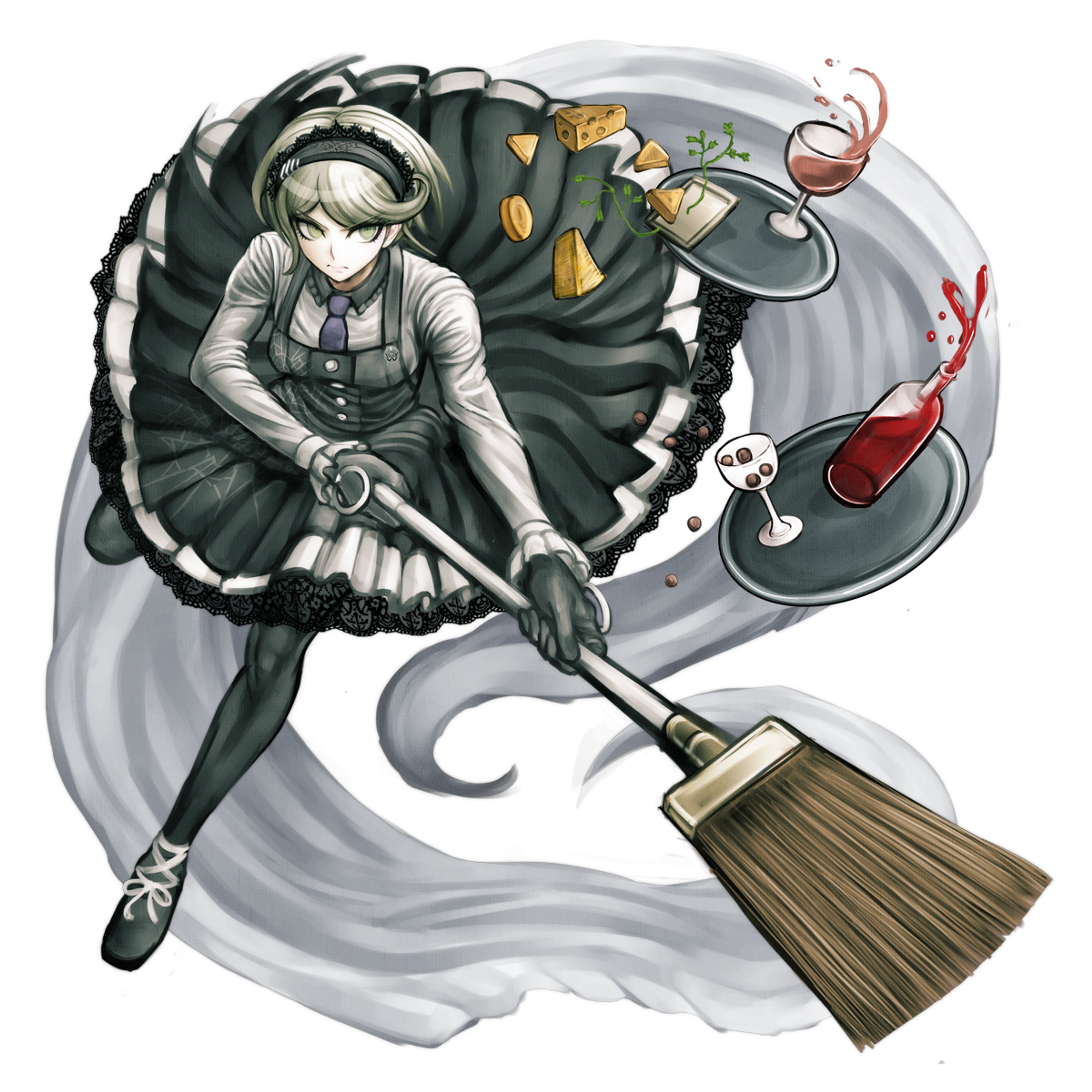 A young woman in a maid outfit holding a broom in a surreal, abstract environment