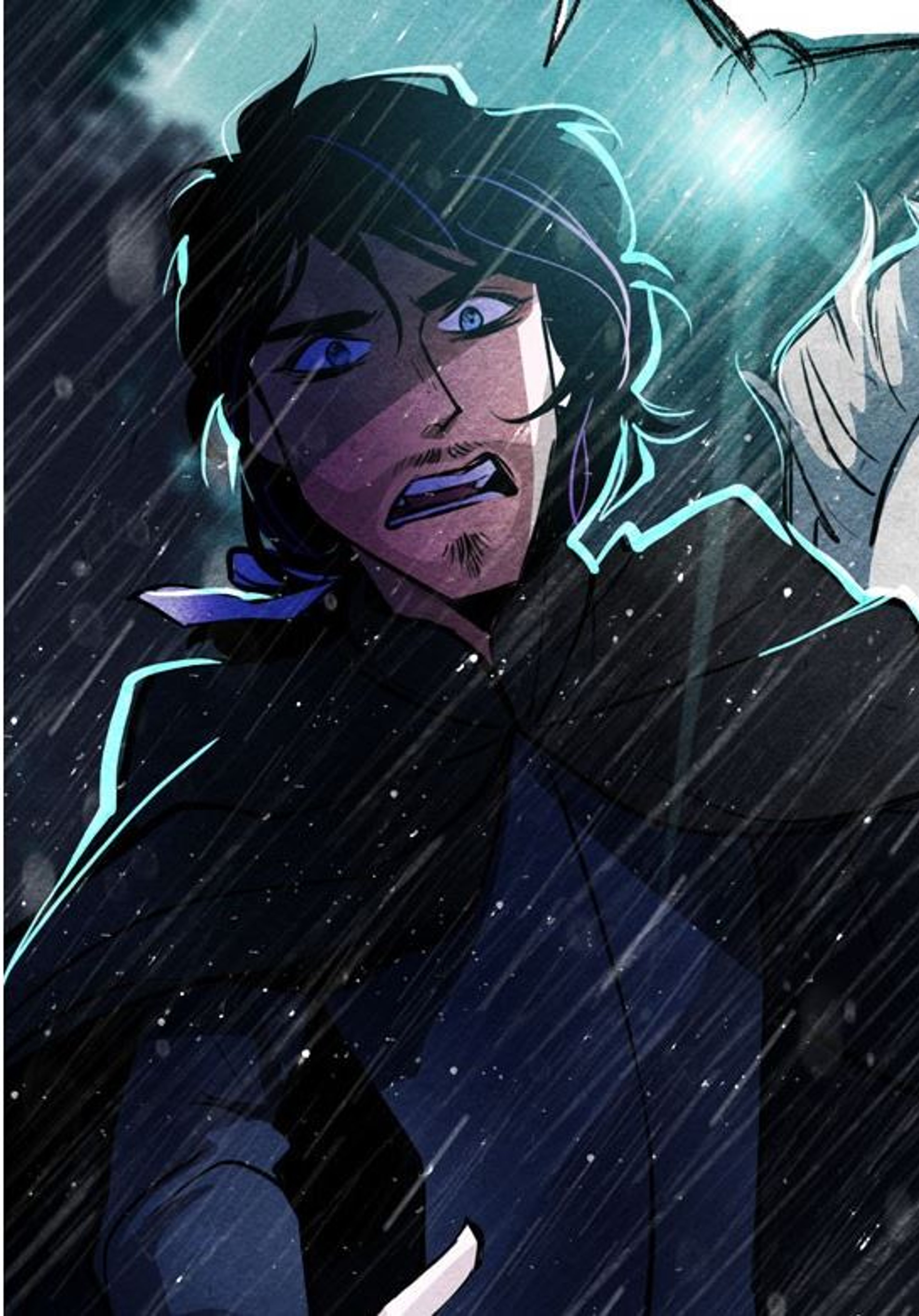 A young man with dark hair and blue eyes wearing a dark coat, standing in a stormy background.