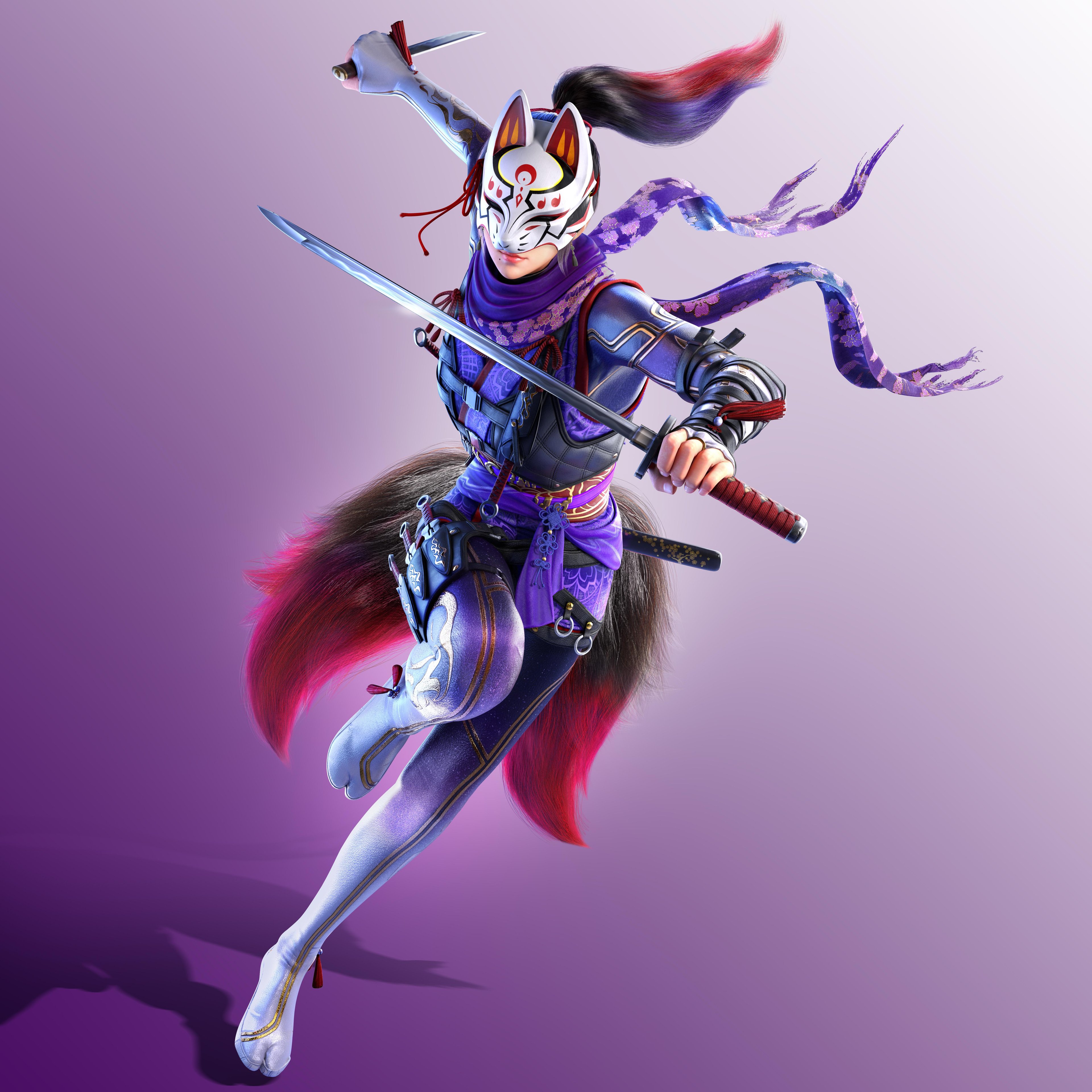 A female ninja character in a dynamic action pose, wearing a purple and black outfit with various ninja accessories and weapons.