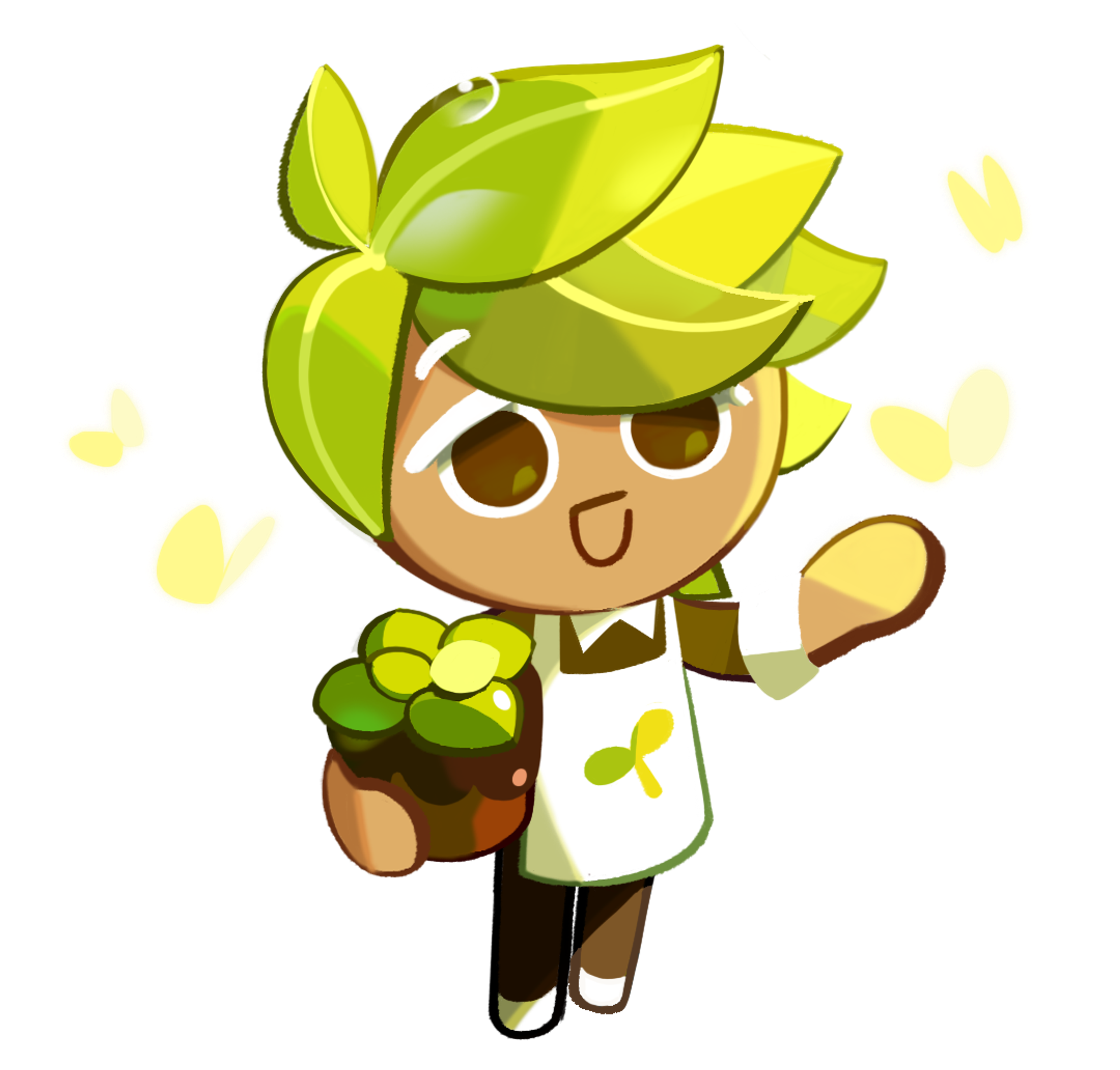 An anthropomorphic character with leaf-like green hair holding a potted plant