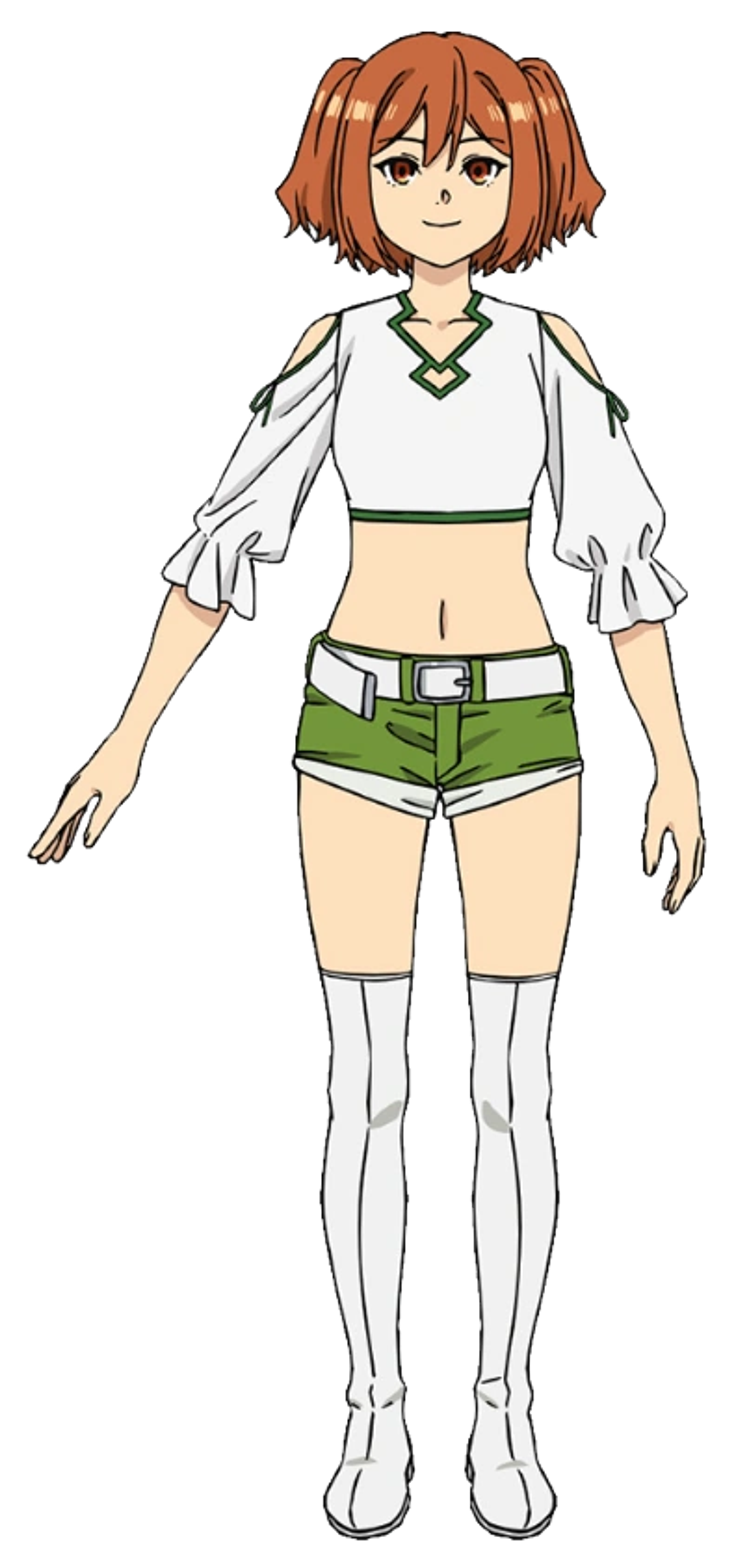 A young woman with orange hair and eyes, wearing a white top and green shorts, standing in a friendly pose.