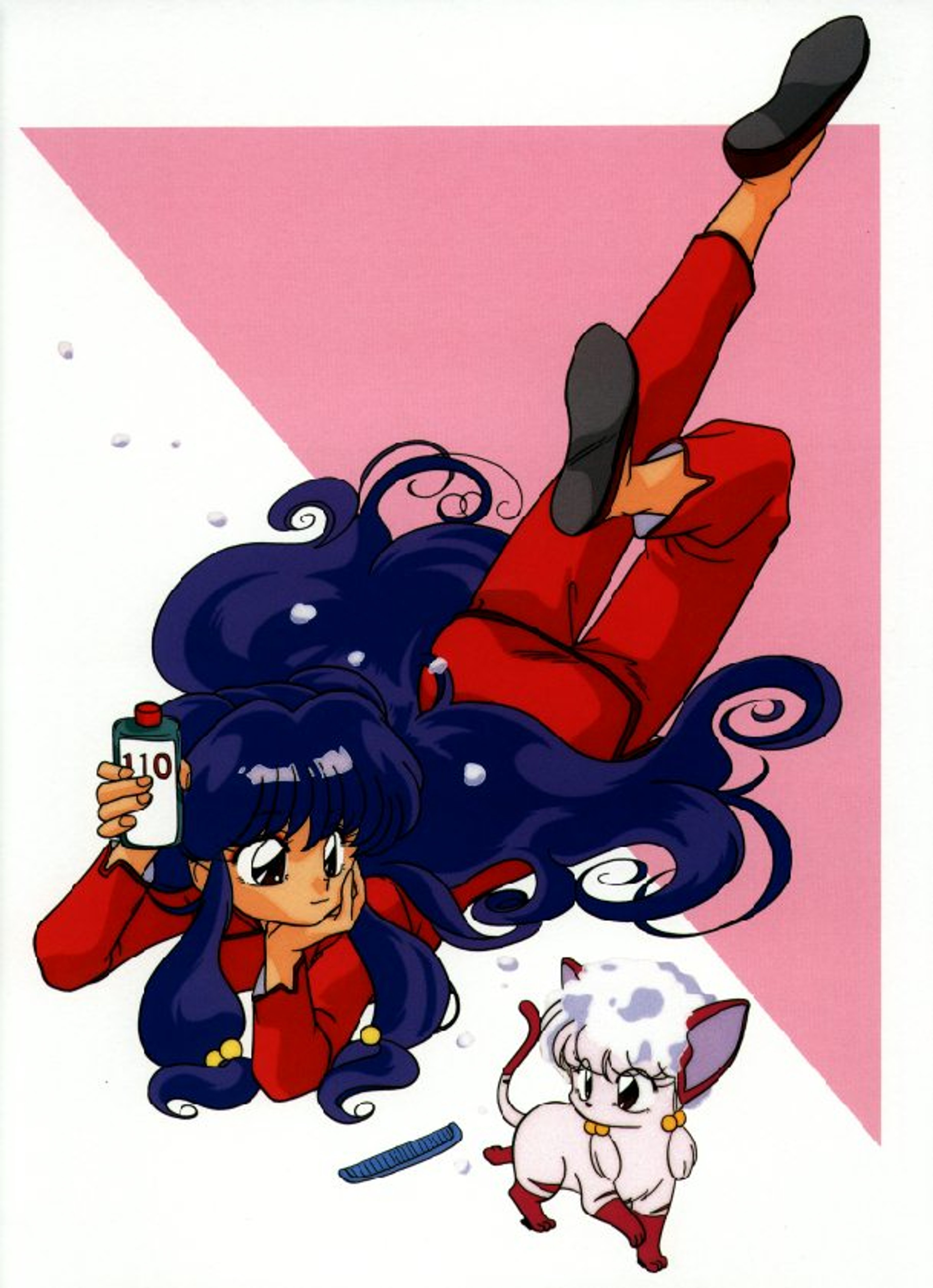 An anime-style character with purple hair in a braid, wearing a red outfit, in a dynamic martial arts pose.