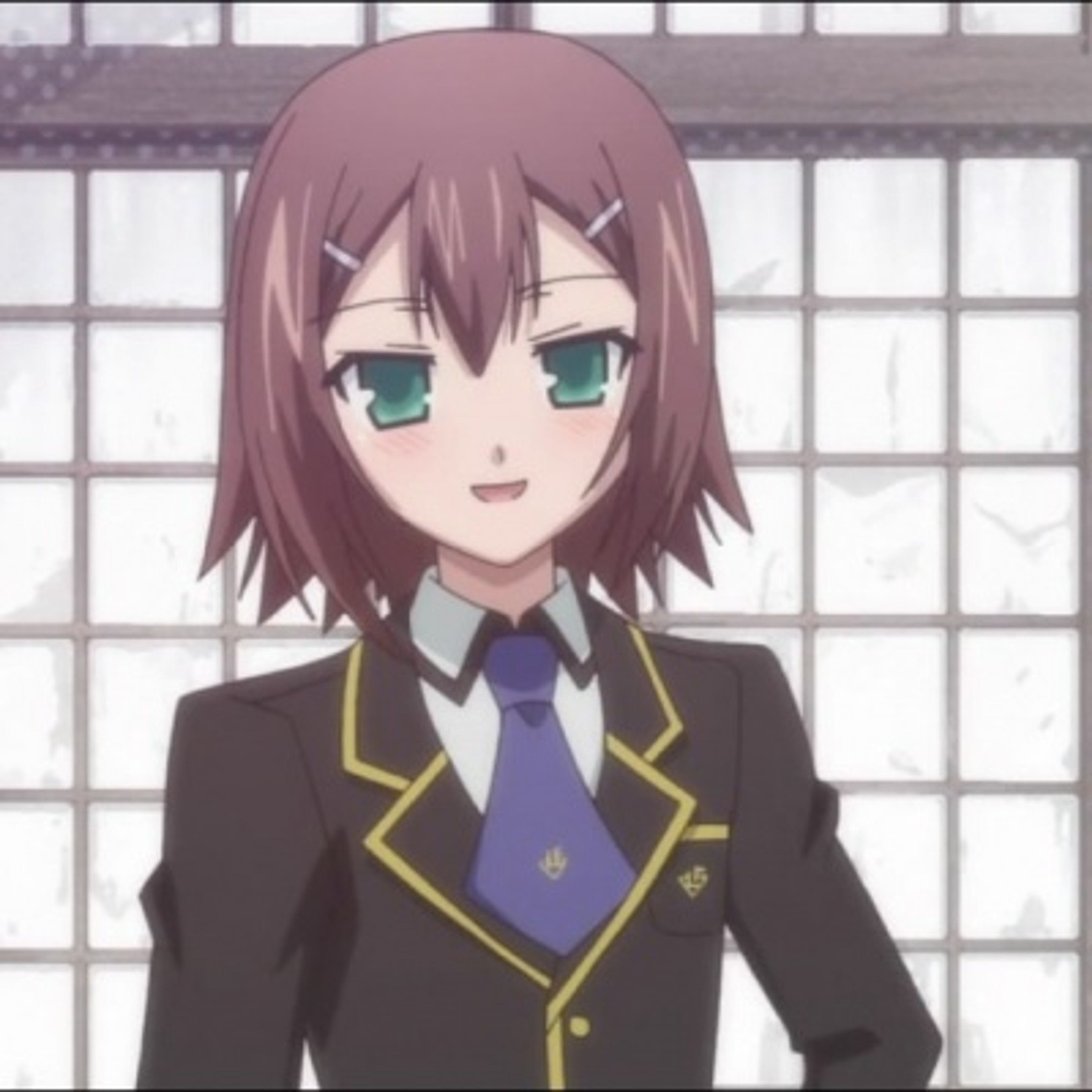 A character with a feminine appearance wearing a school uniform