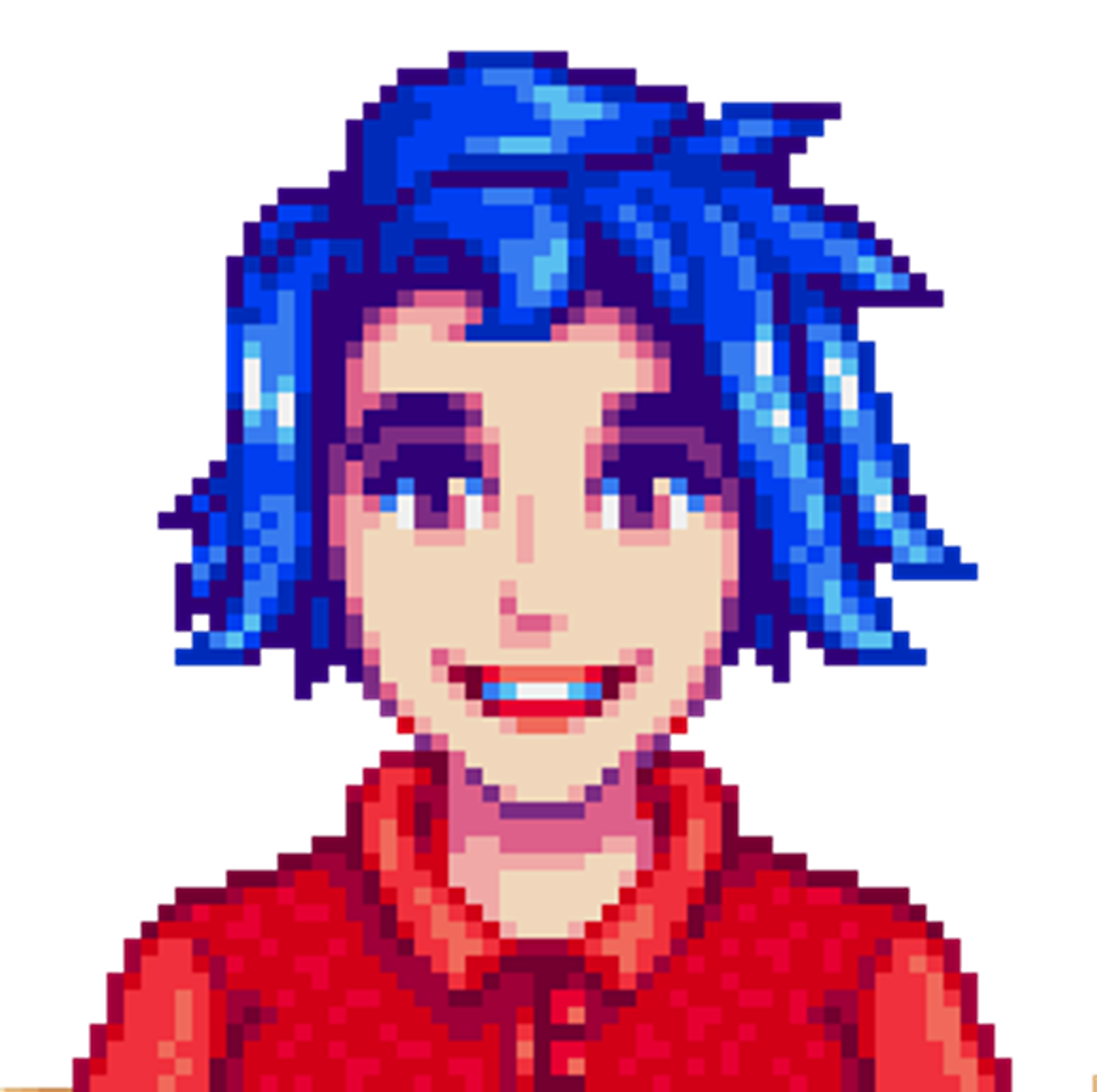 Detailed pixel art portrait of a young woman with blue hair and a friendly expression