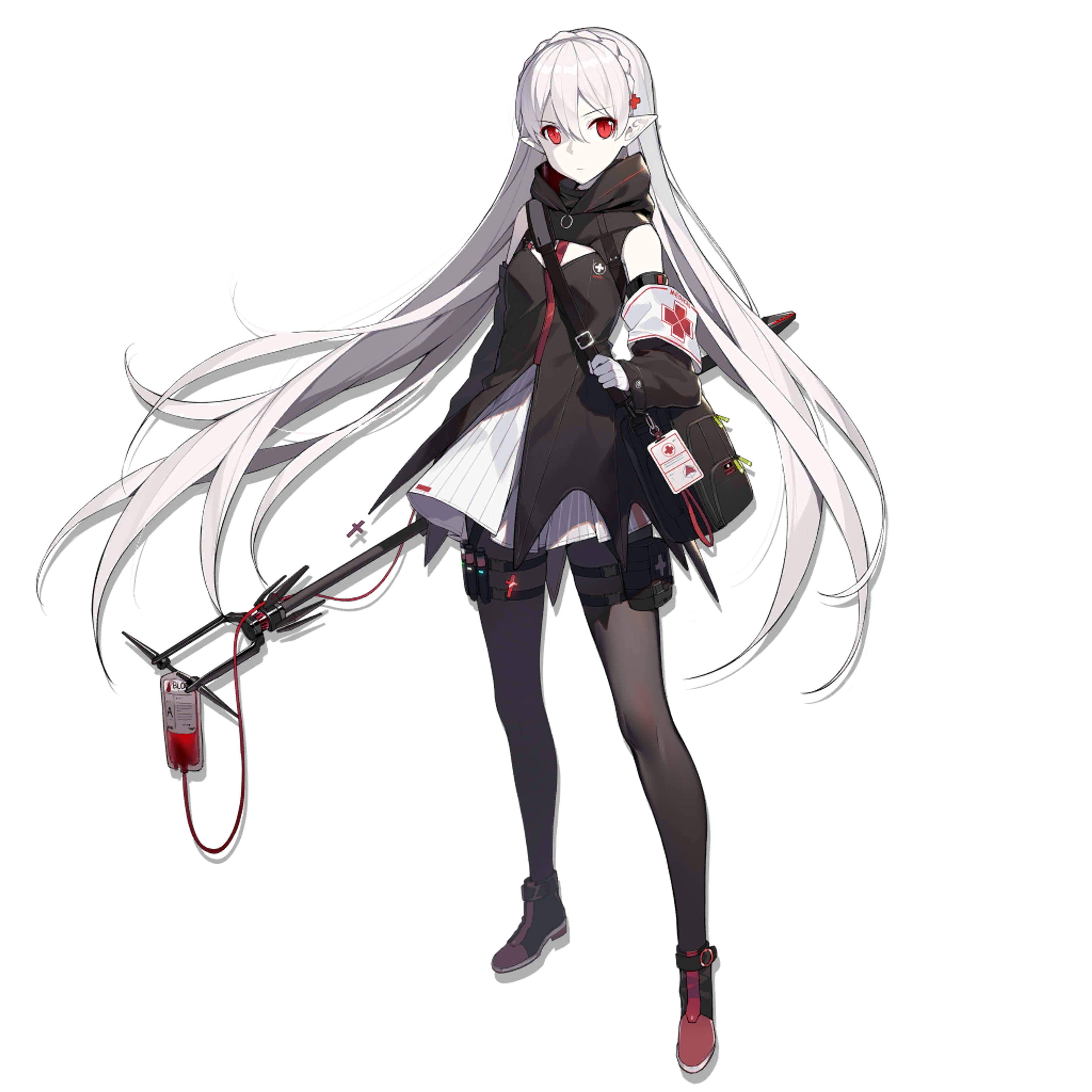 A female character with long white hair and red eyes, wearing a black dress with a slit up the side and holding a medical instrument.